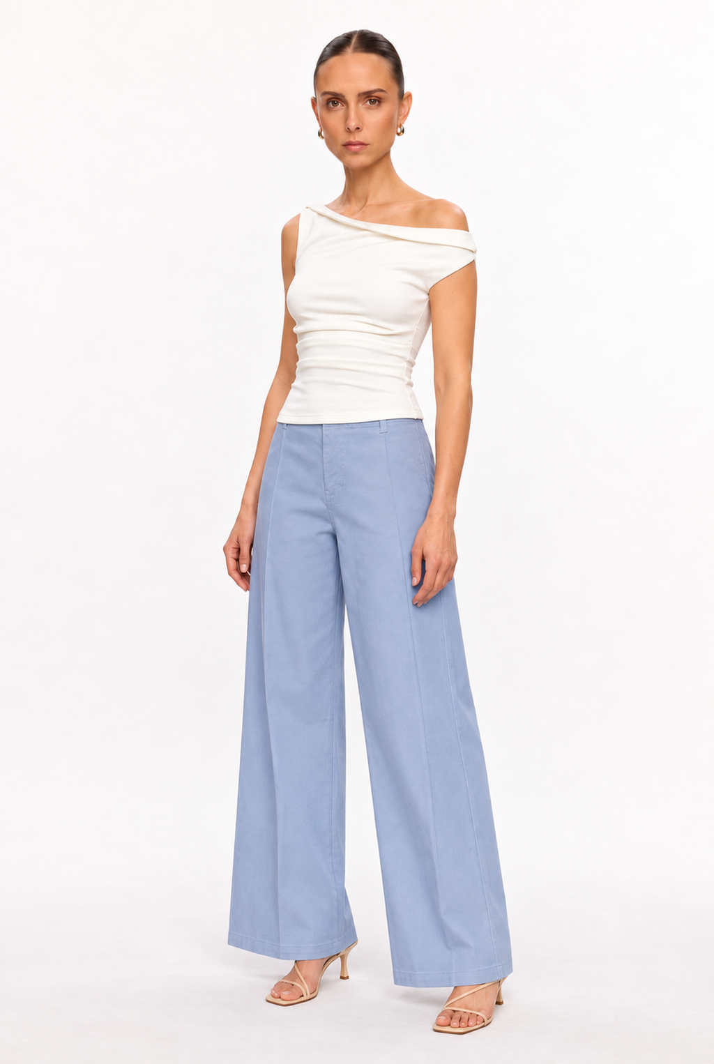 IVORY OFF-SHOULDER RUCHED KNIT TOP - three-quarter view