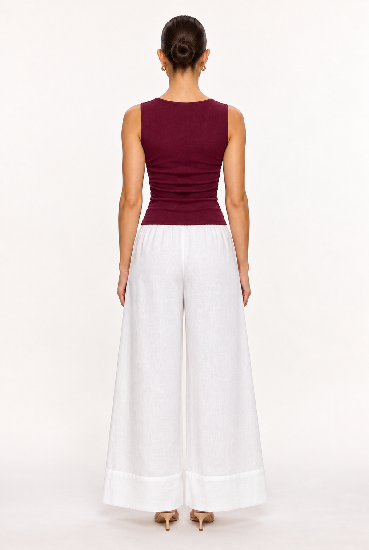 BURGUNDY SQUARE-NECK RUCHED KNIT TOP - back view