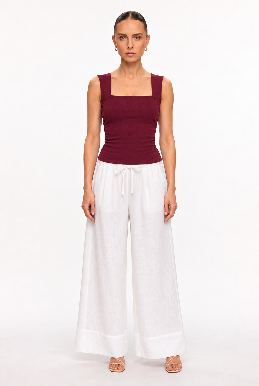 BURGUNDY SQUARE-NECK RUCHED KNIT TOP - front view