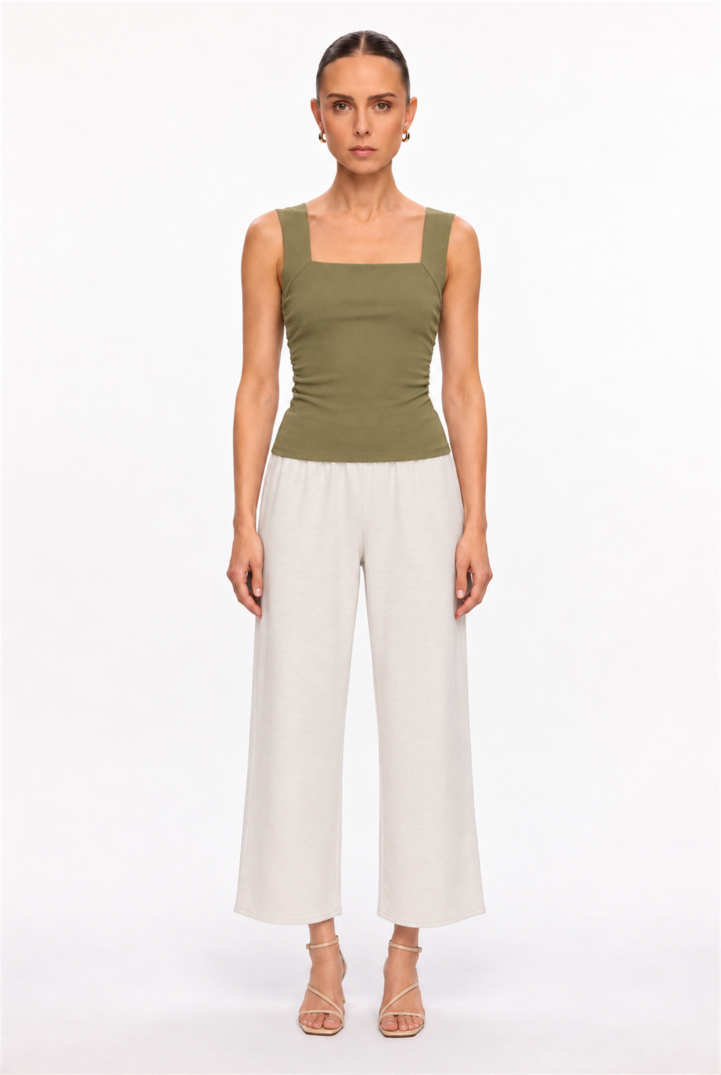 OLIVE SQUARE-NECK RUCHED KNIT TOP - front view