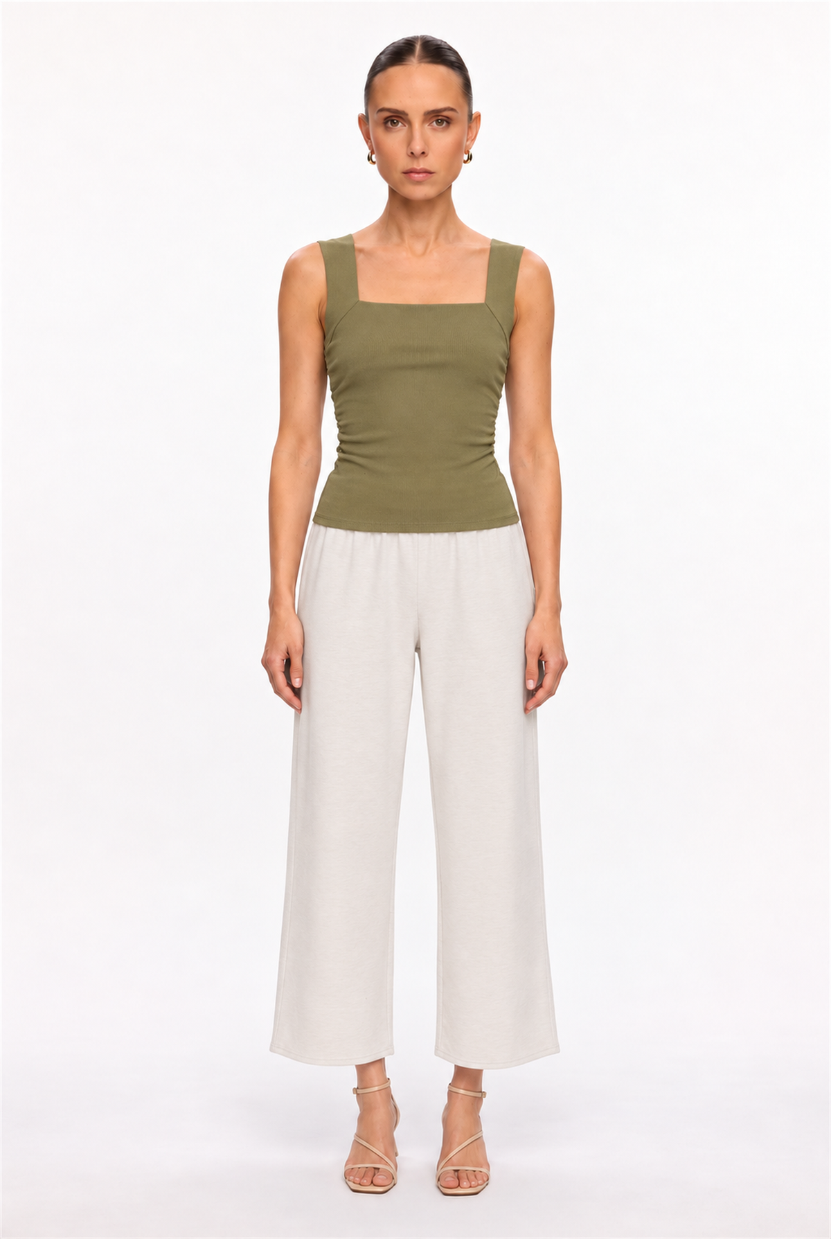OLIVE SQUARE-NECK RUCHED KNIT TOP - front view
