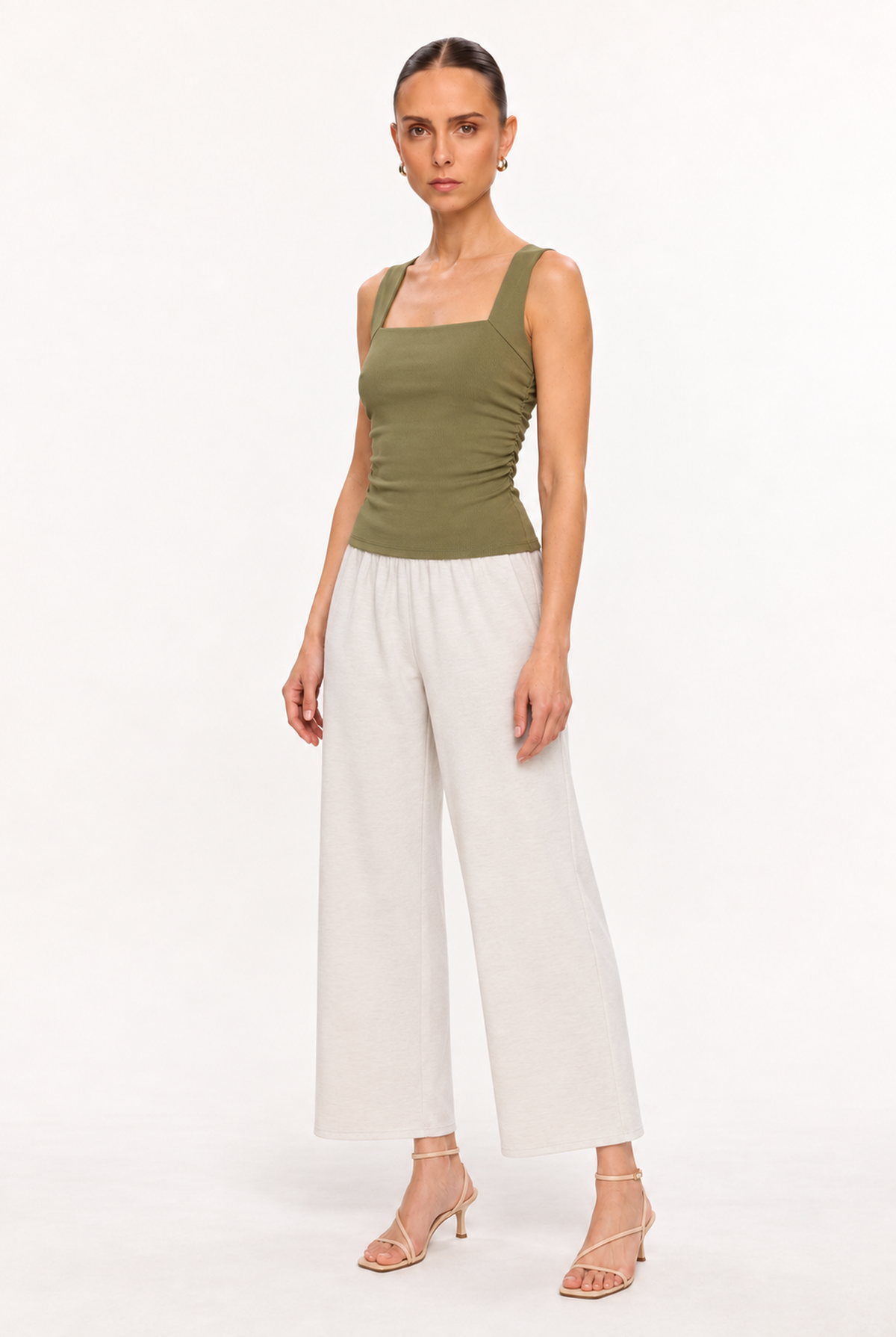 OLIVE SQUARE-NECK RUCHED KNIT TOP - three-quarter view