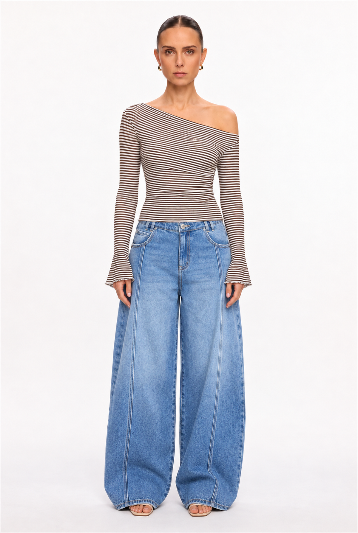 BROWN STRIPED ASYMMETRIC KNIT TOP - front view