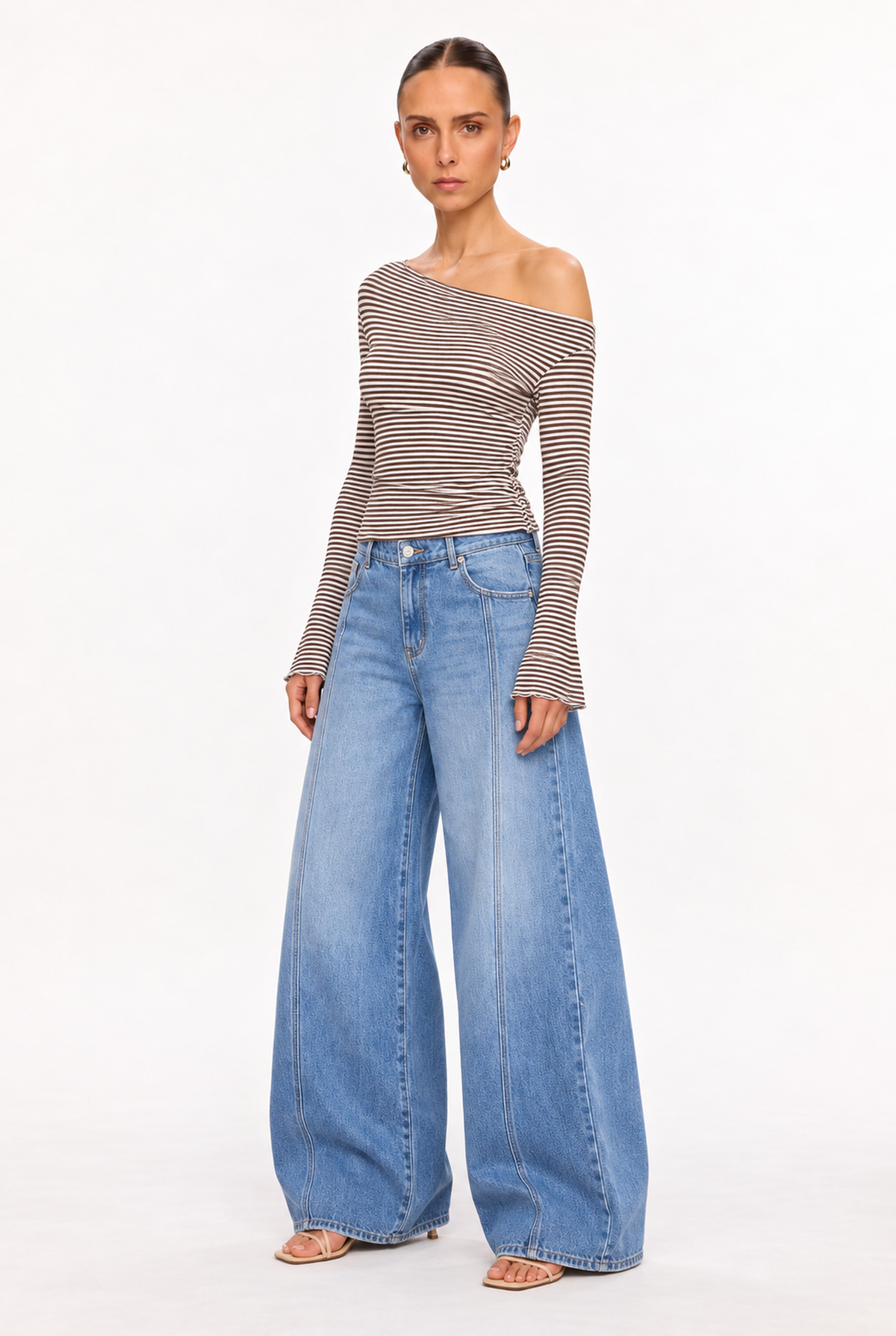 BROWN STRIPED ASYMMETRIC KNIT TOP - three-quarter view