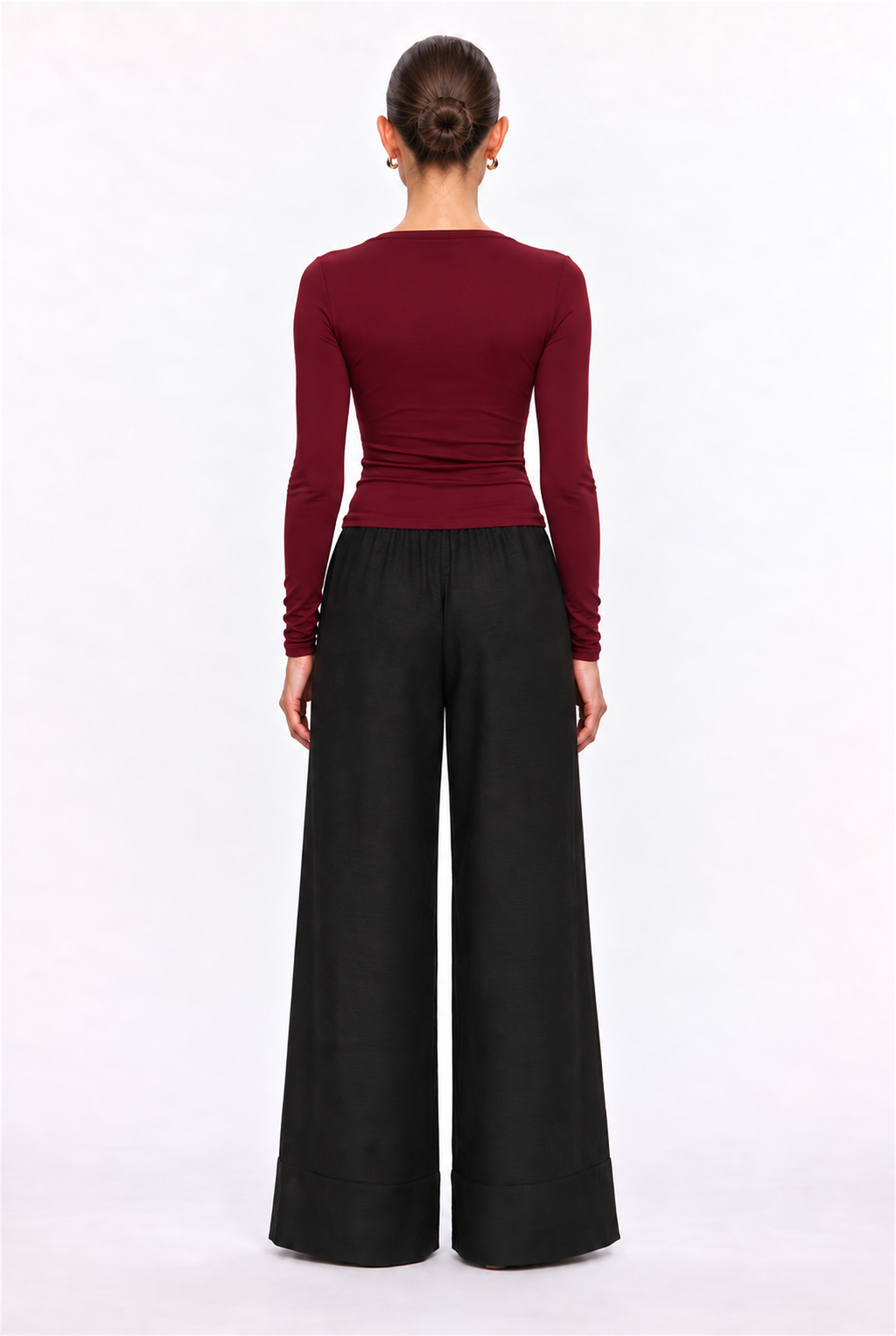 BURGUNDY ASYMMETRIC DRAPED KNIT TOP - back view