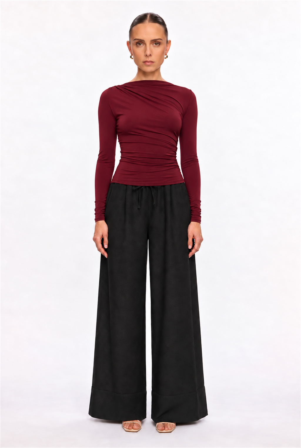 BURGUNDY ASYMMETRIC DRAPED KNIT TOP - front view