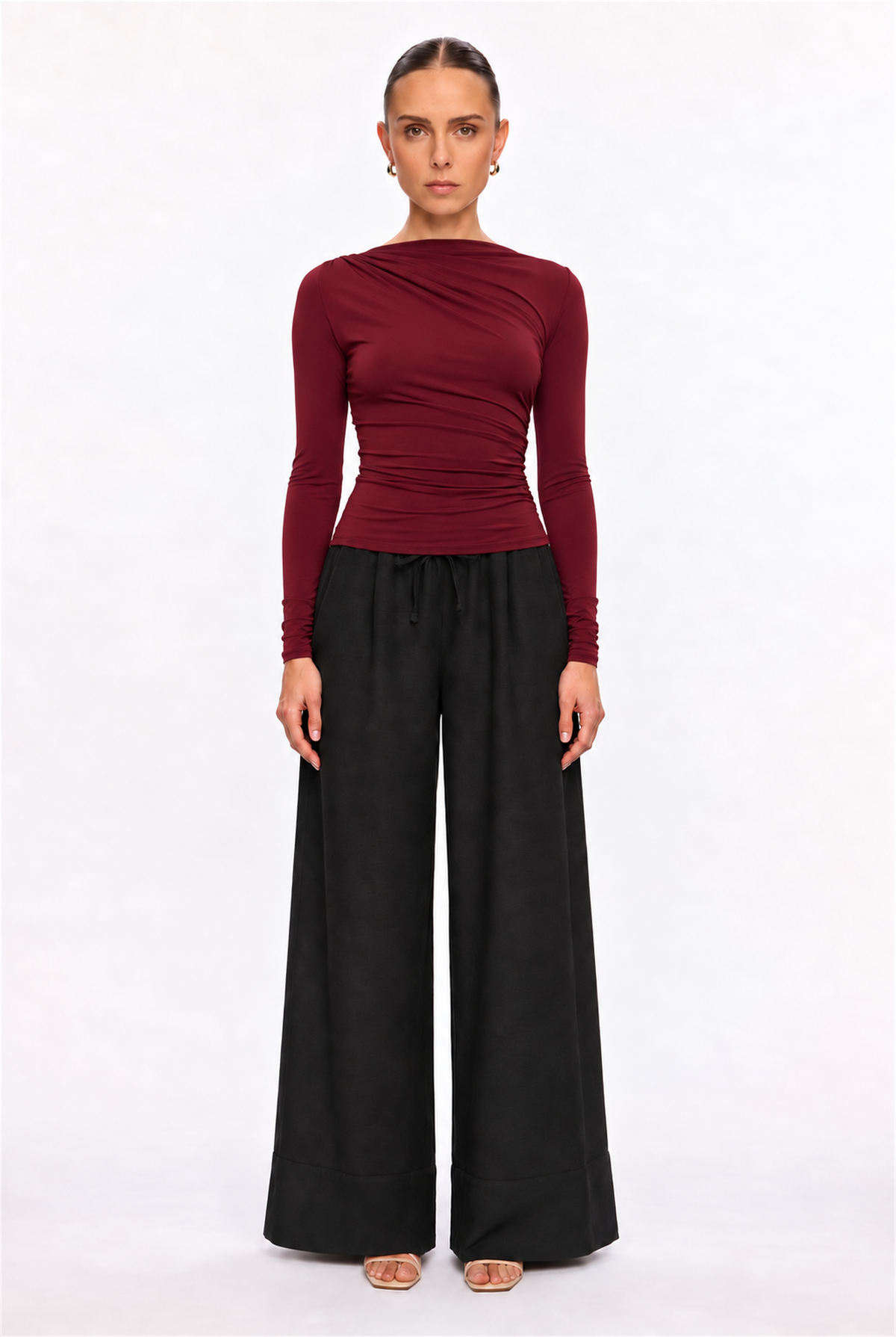 BURGUNDY ASYMMETRIC DRAPED KNIT TOP - front view