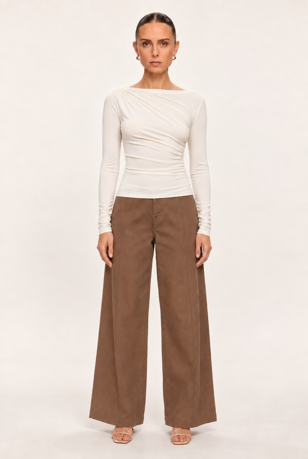 IVORY ASYMMETRIC DRAPED KNIT TOP - front view