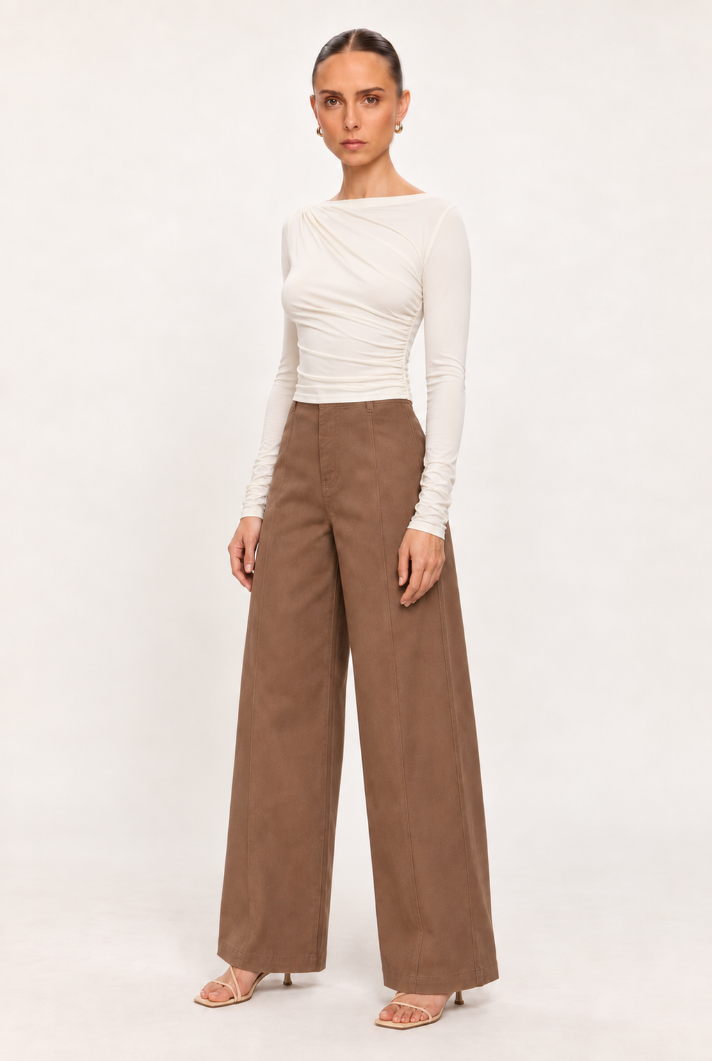 IVORY ASYMMETRIC DRAPED KNIT TOP - three-quarter view
