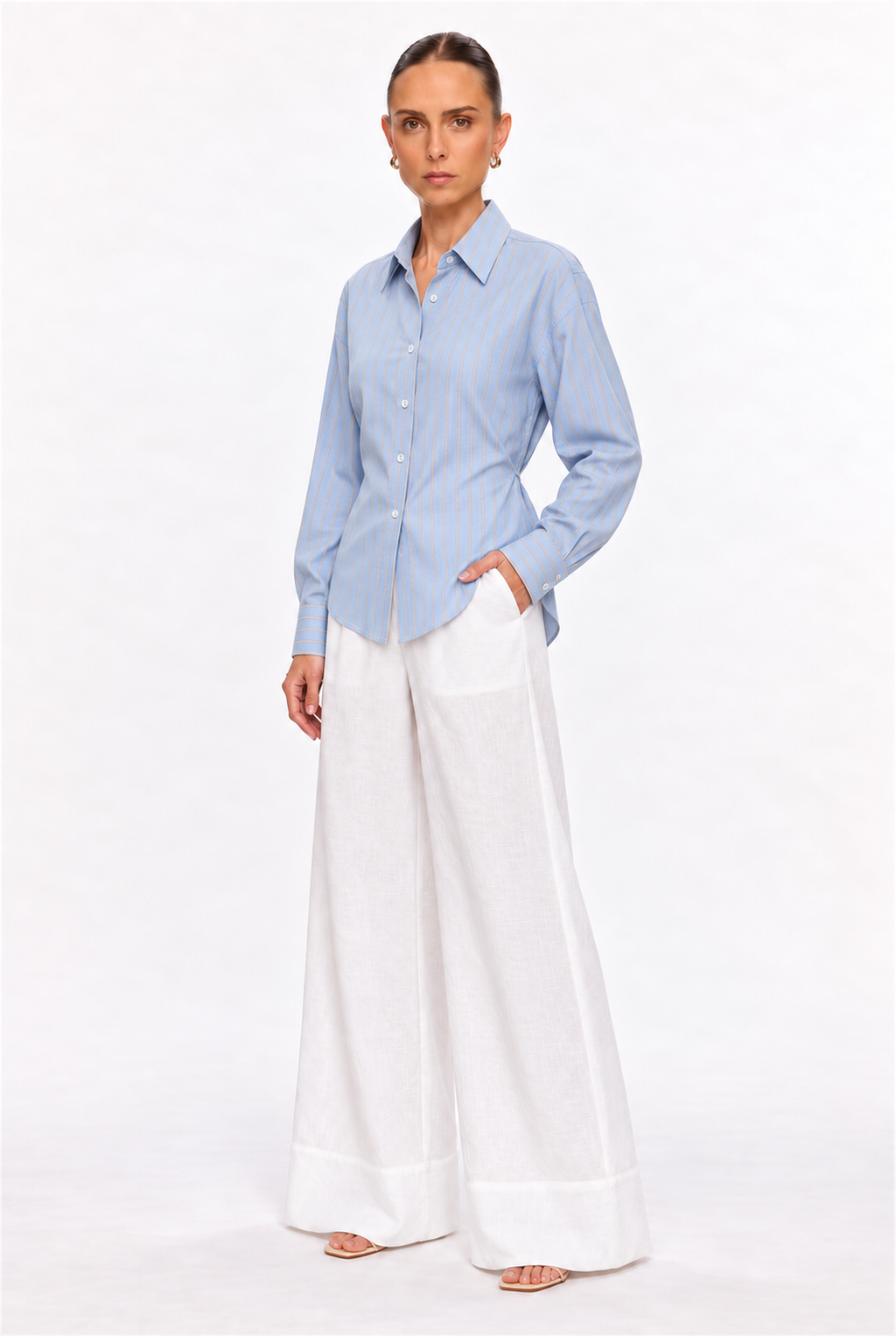 BLUE MULTI-STRIPE BACK LACE-UP SHIRT - three-quarter view