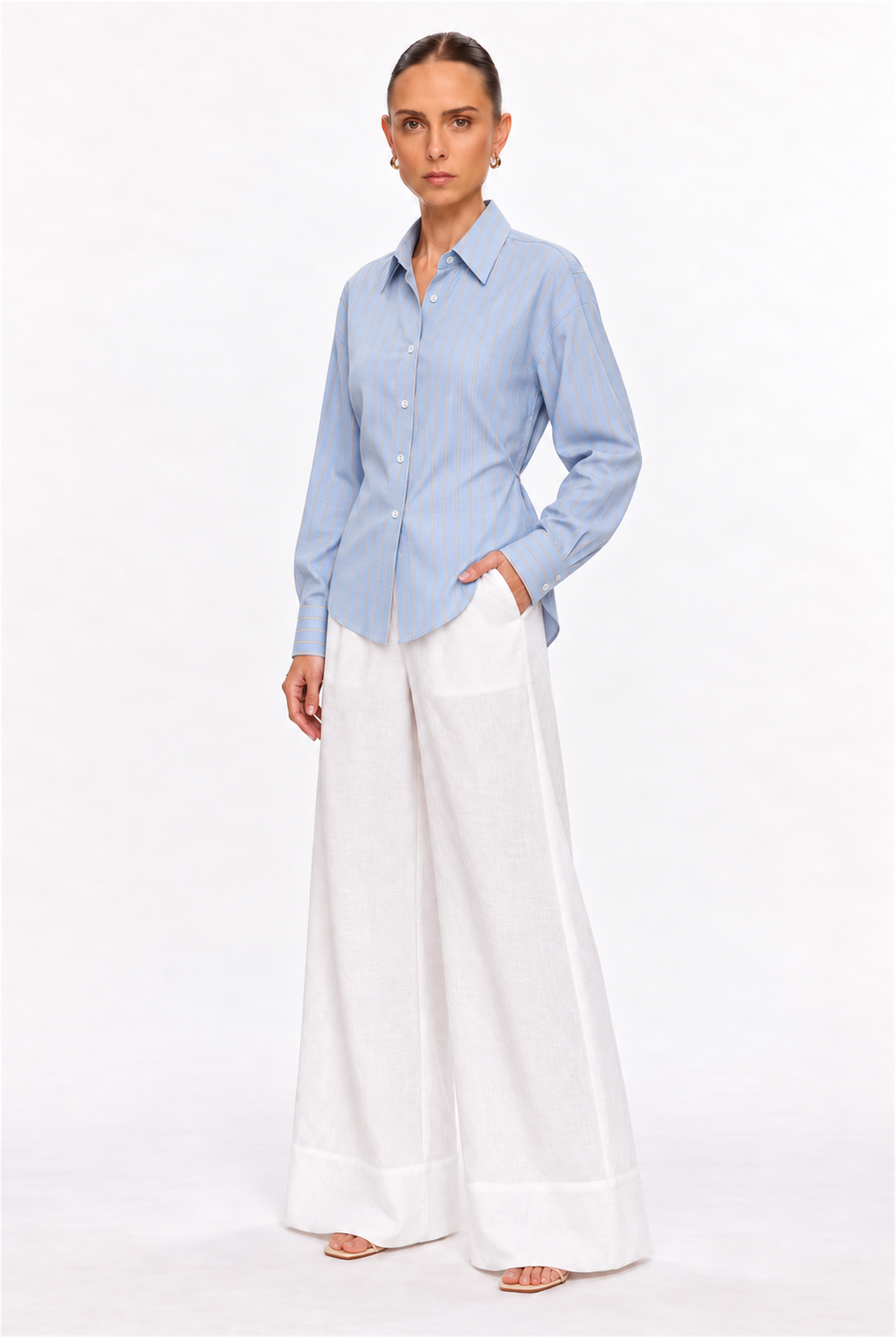 BLUE MULTI-STRIPE BACK LACE-UP SHIRT - three-quarter view