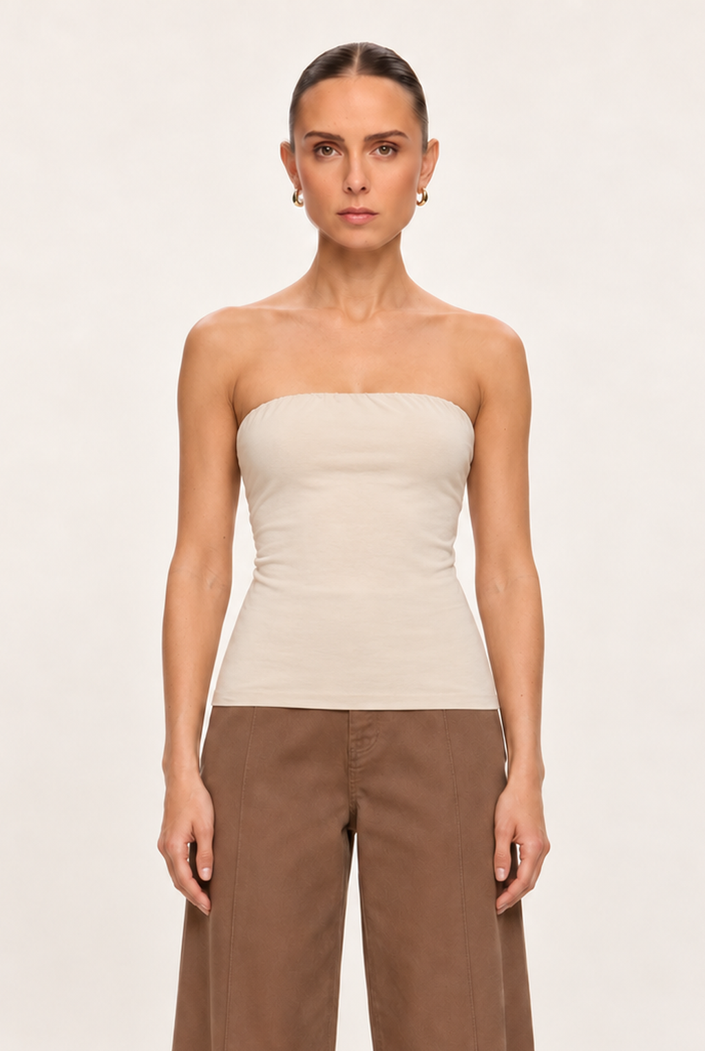 BEIGE DOUBLE-LAYER LONG TUBE TOP - back view