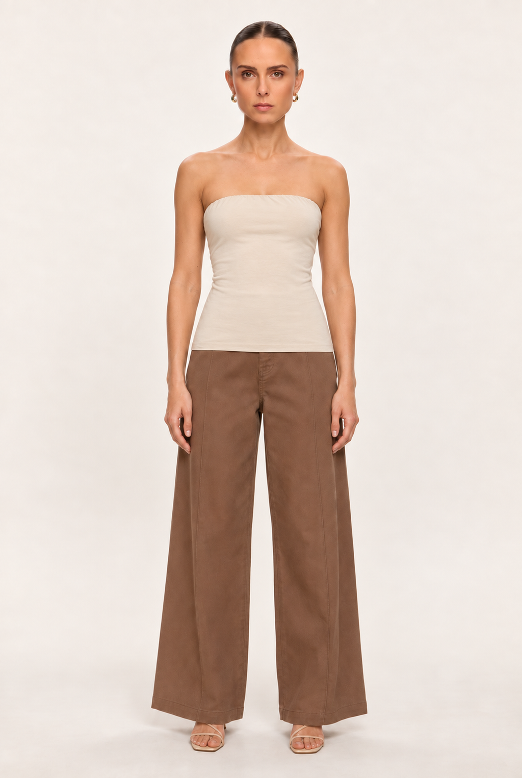 BEIGE DOUBLE-LAYER LONG TUBE TOP - front view