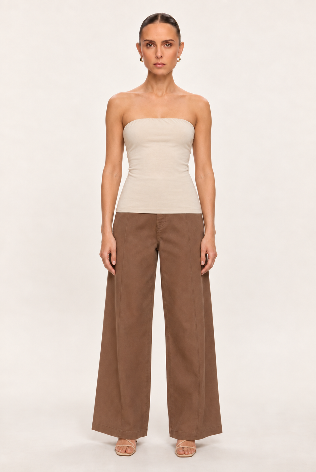 BEIGE DOUBLE-LAYER LONG TUBE TOP - front view