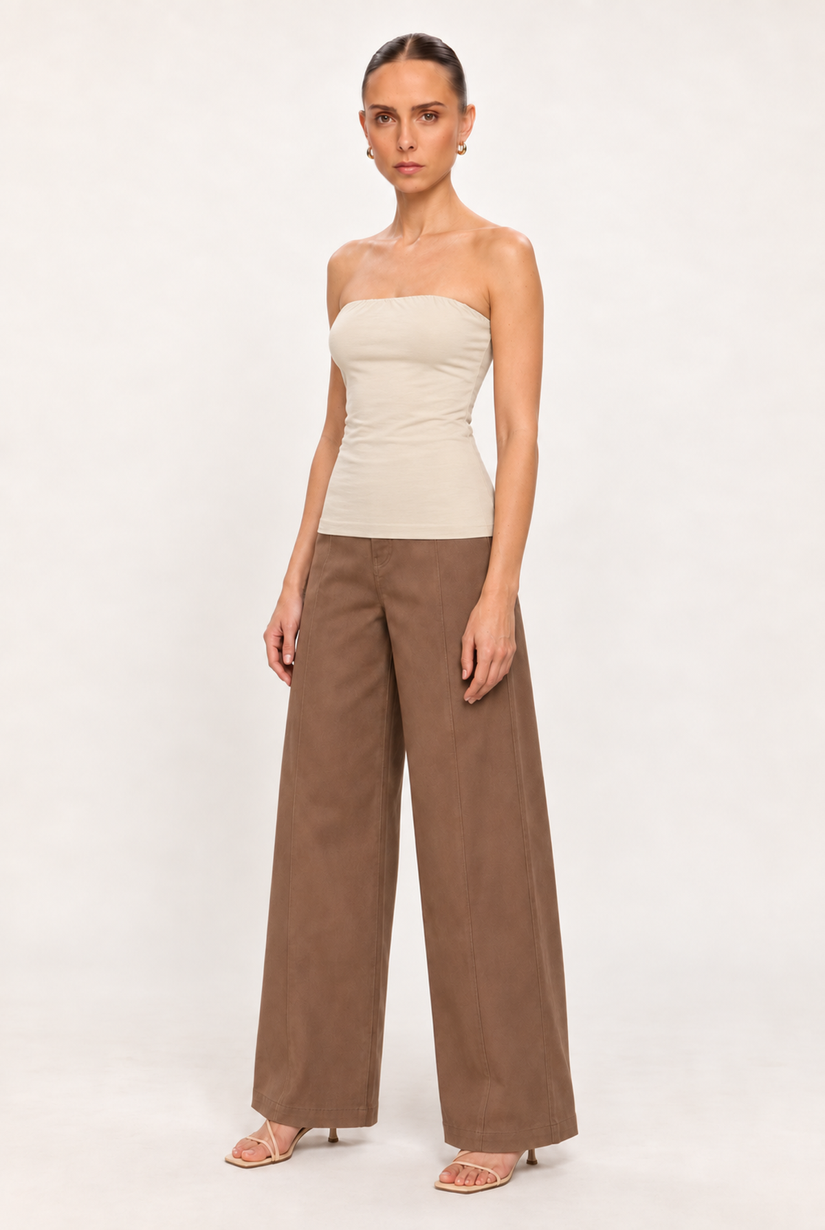 BEIGE DOUBLE-LAYER LONG TUBE TOP - three-quarter view