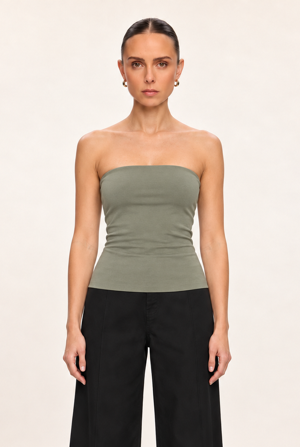 LIGHT OLIVE DOUBLE-LAYER LONG TUBE TOP - back view