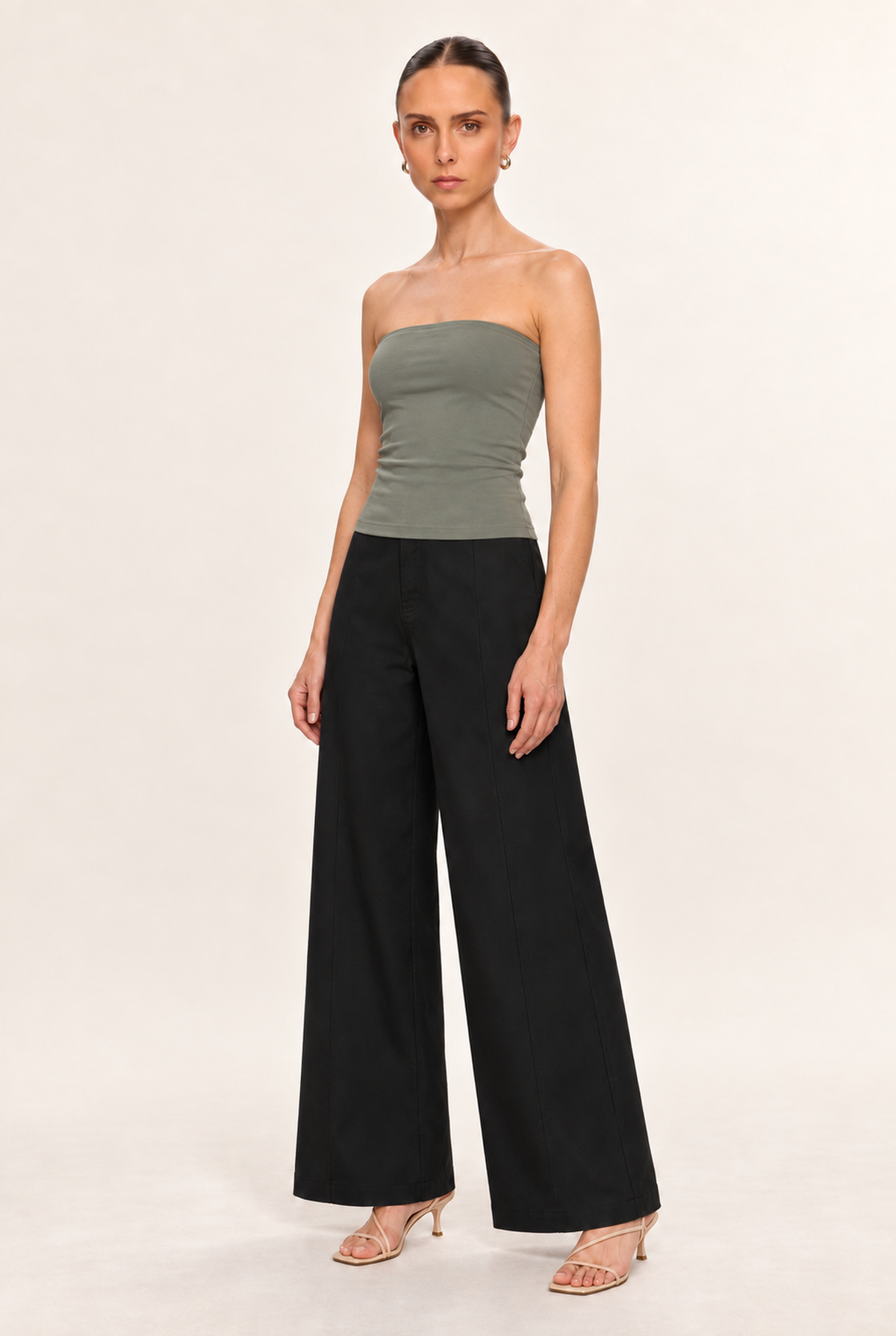 LIGHT OLIVE DOUBLE-LAYER LONG TUBE TOP - three-quarter view