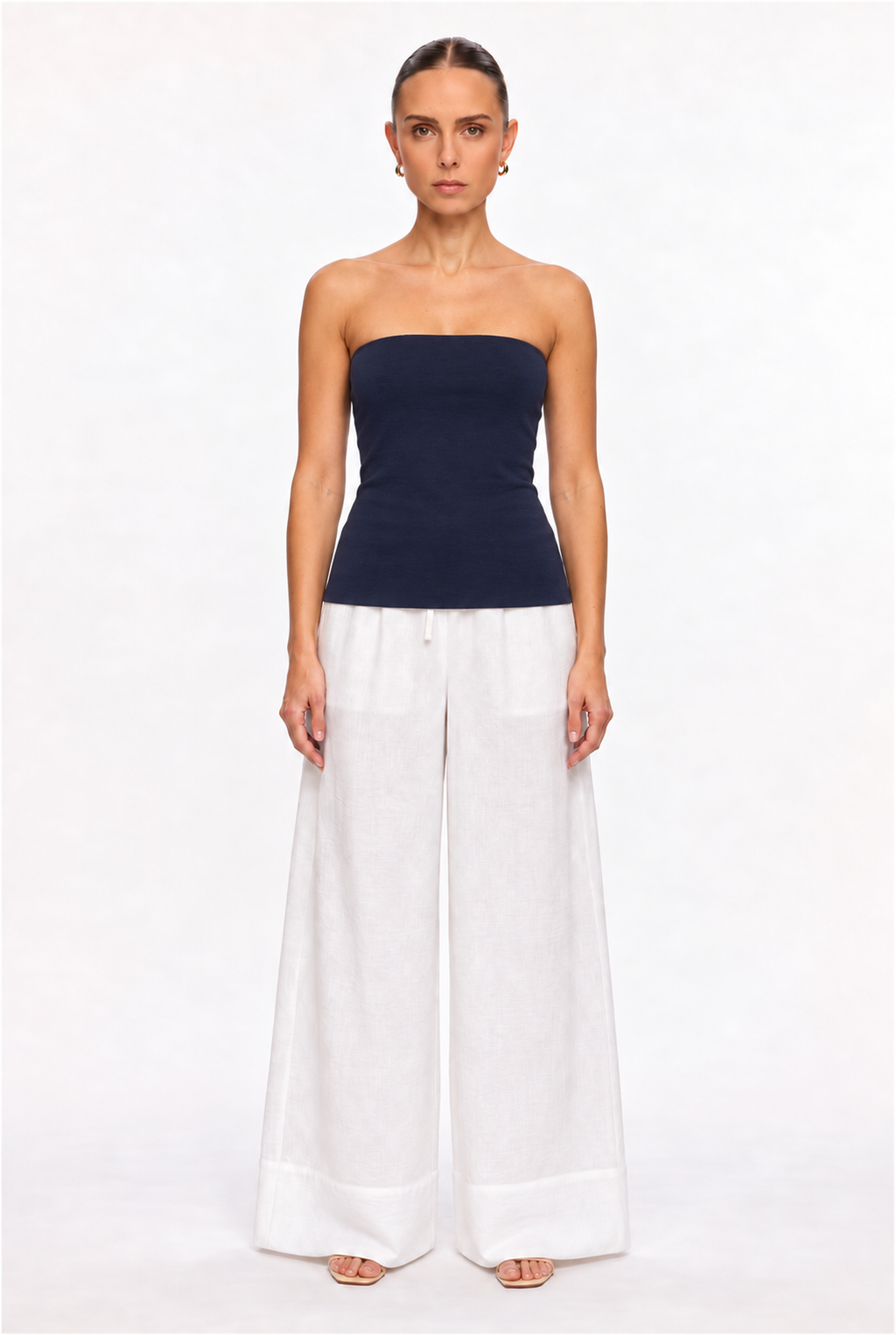 NAVY DOUBLE-LAYER LONG TUBE TOP - front view