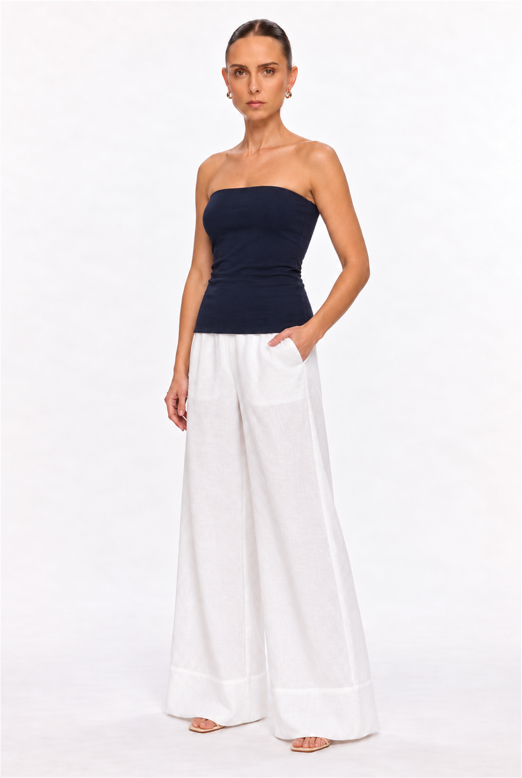 NAVY DOUBLE-LAYER LONG TUBE TOP - three-quarter view