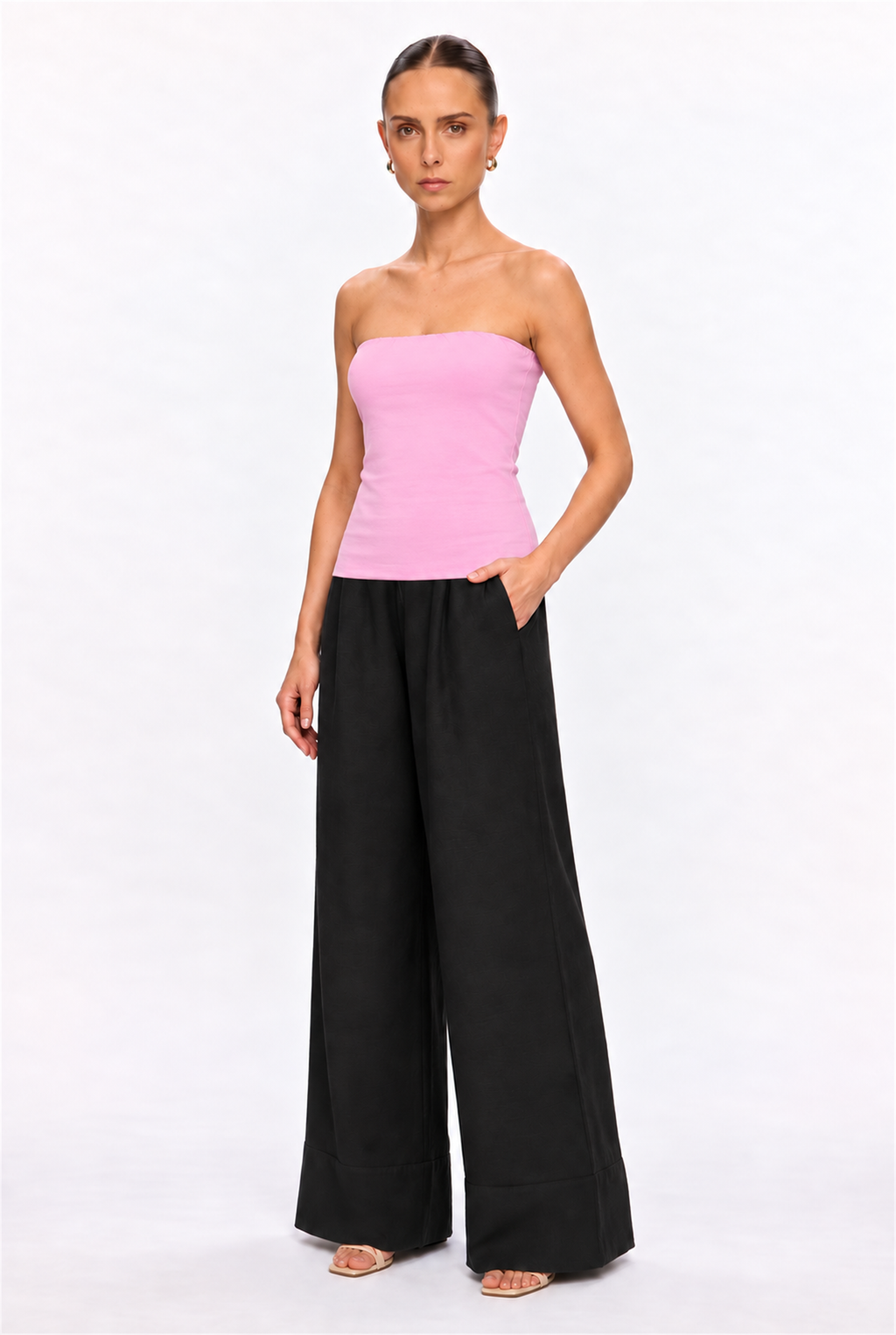 PINK DOUBLE-LAYER LONG TUBE TOP - three-quarter view
