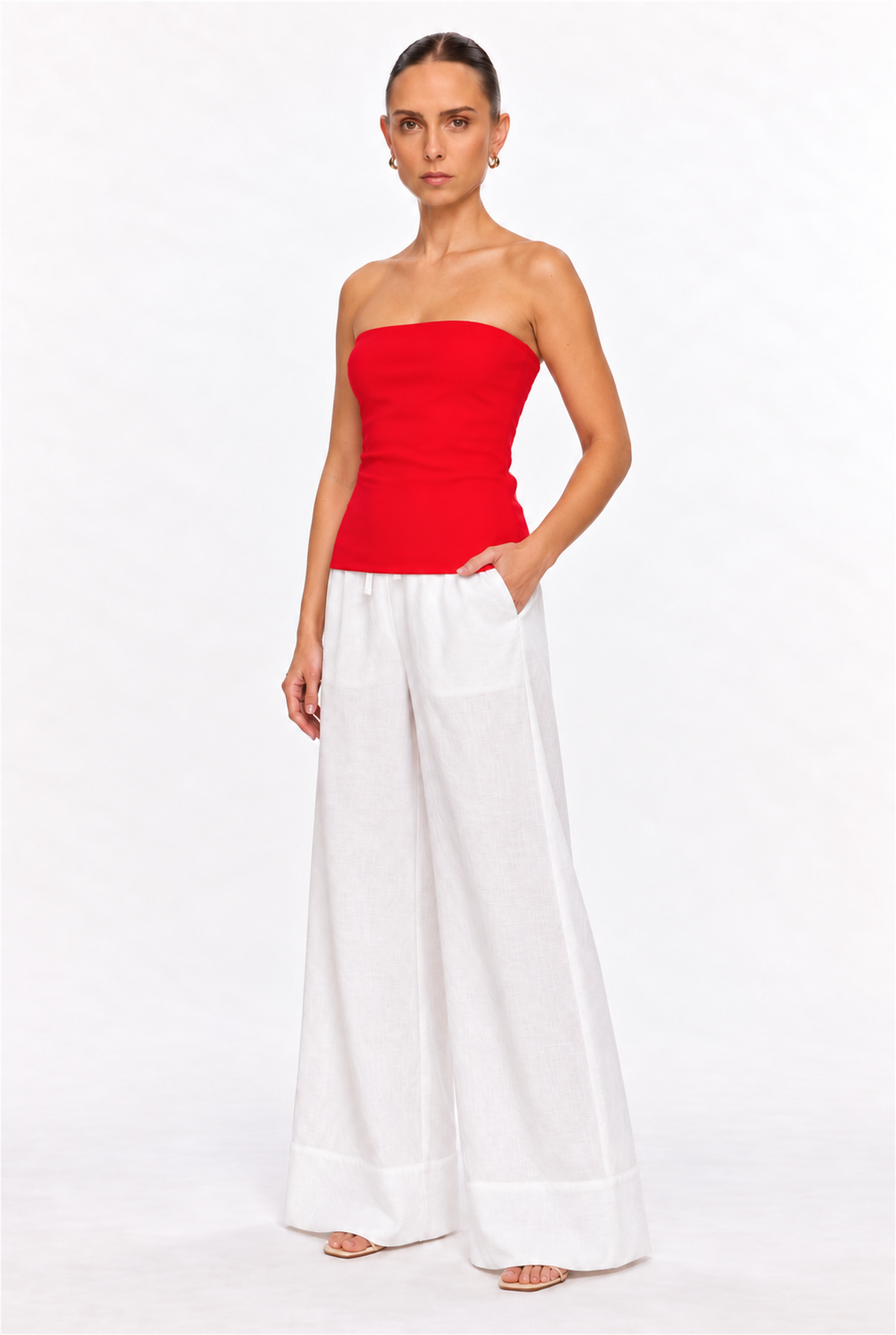 RED DOUBLE-LAYER LONG TUBE TOP - three-quarter view