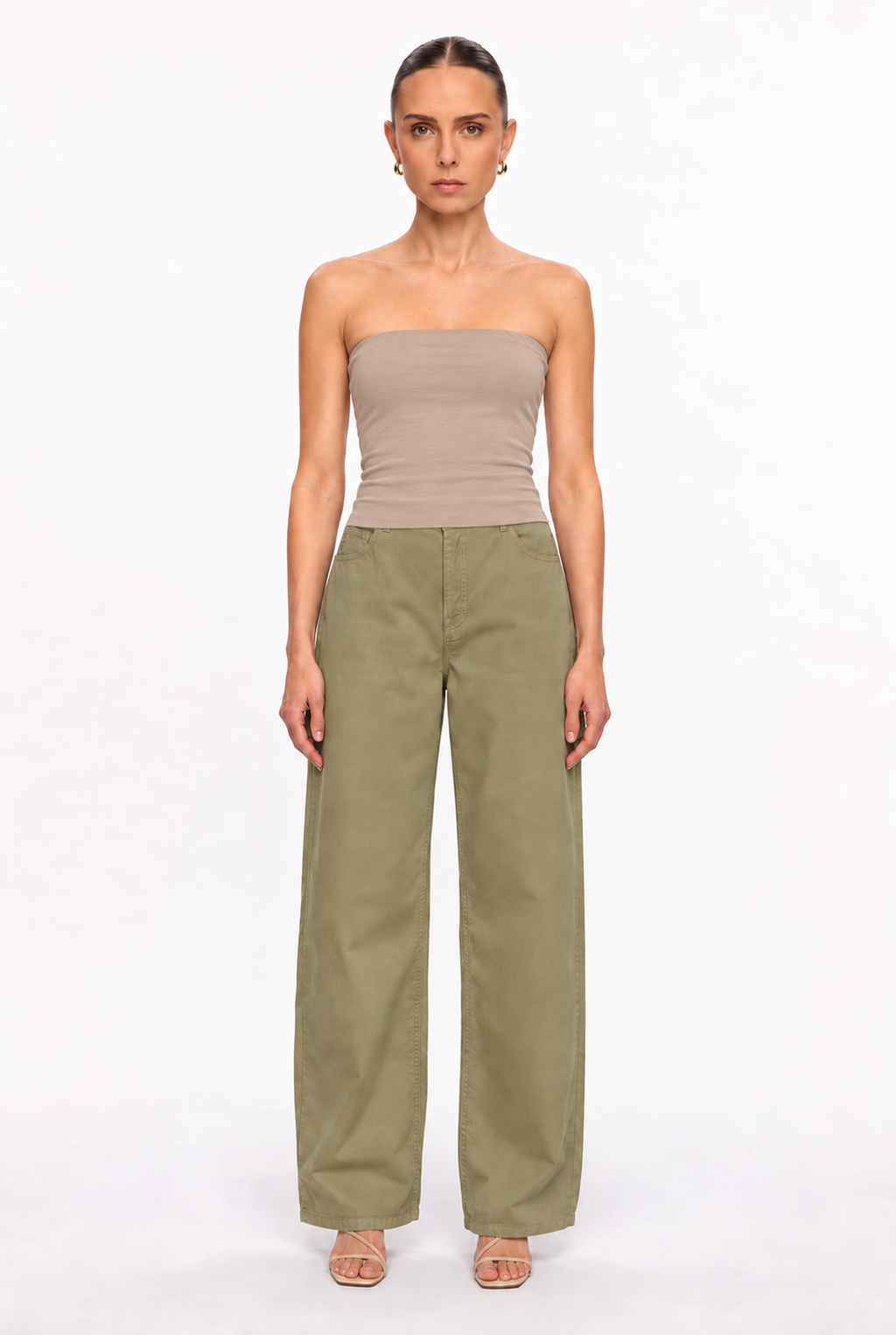 TAUPE DOUBLE-LAYER LONG TUBE TOP - front view
