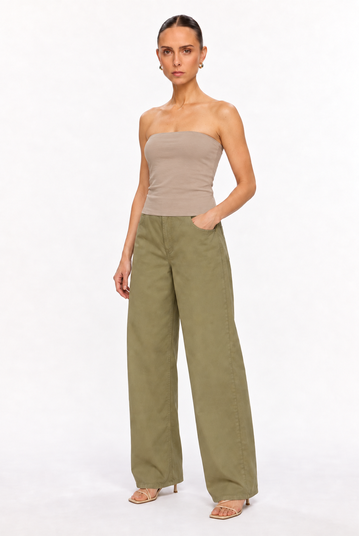 TAUPE DOUBLE-LAYER LONG TUBE TOP - three-quarter view