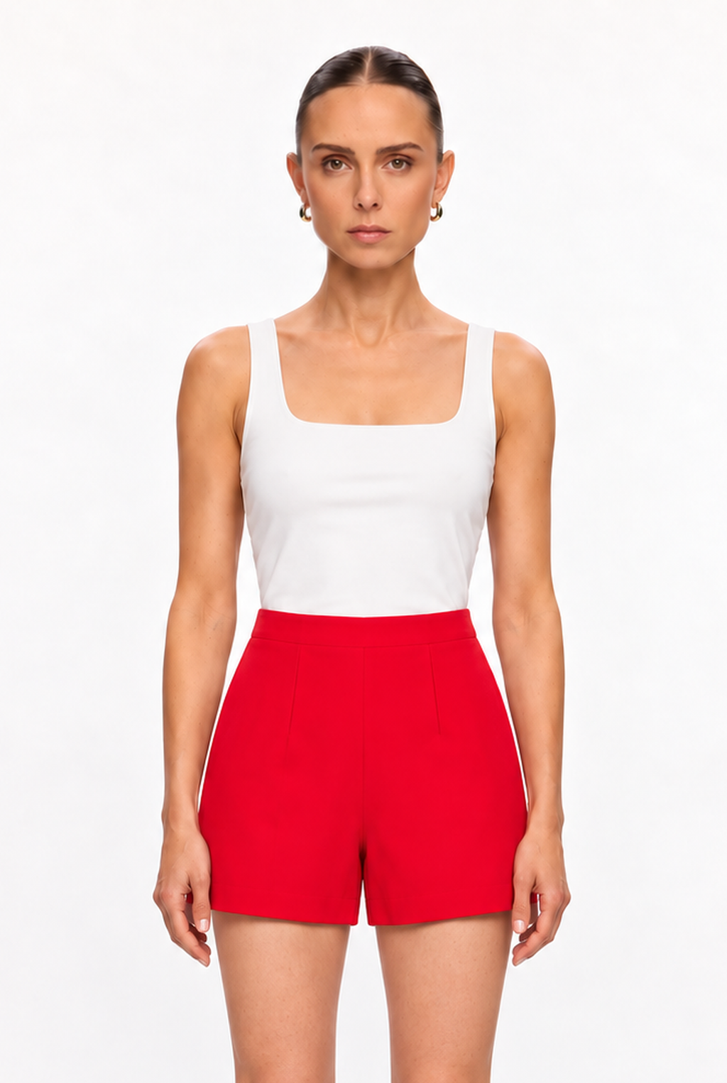 RED HIGH-WAIST PINTUCK SHORTS - back view