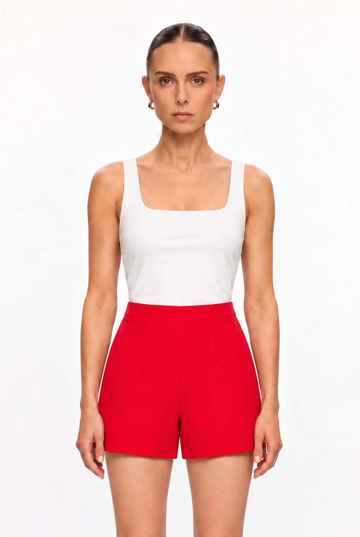 RED HIGH-WAIST PINTUCK SHORTS - back view
