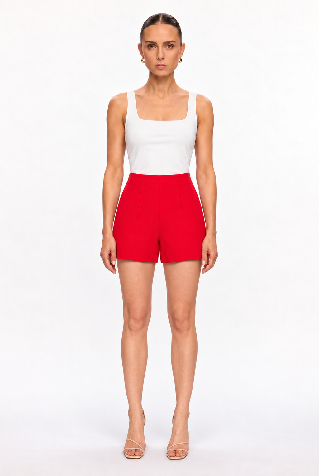 RED HIGH-WAIST PINTUCK SHORTS - front view