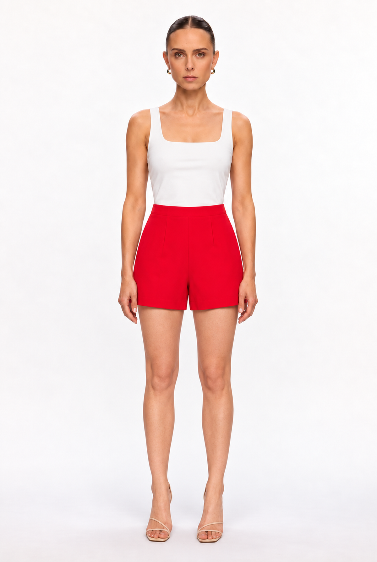 RED HIGH-WAIST PINTUCK SHORTS - front view