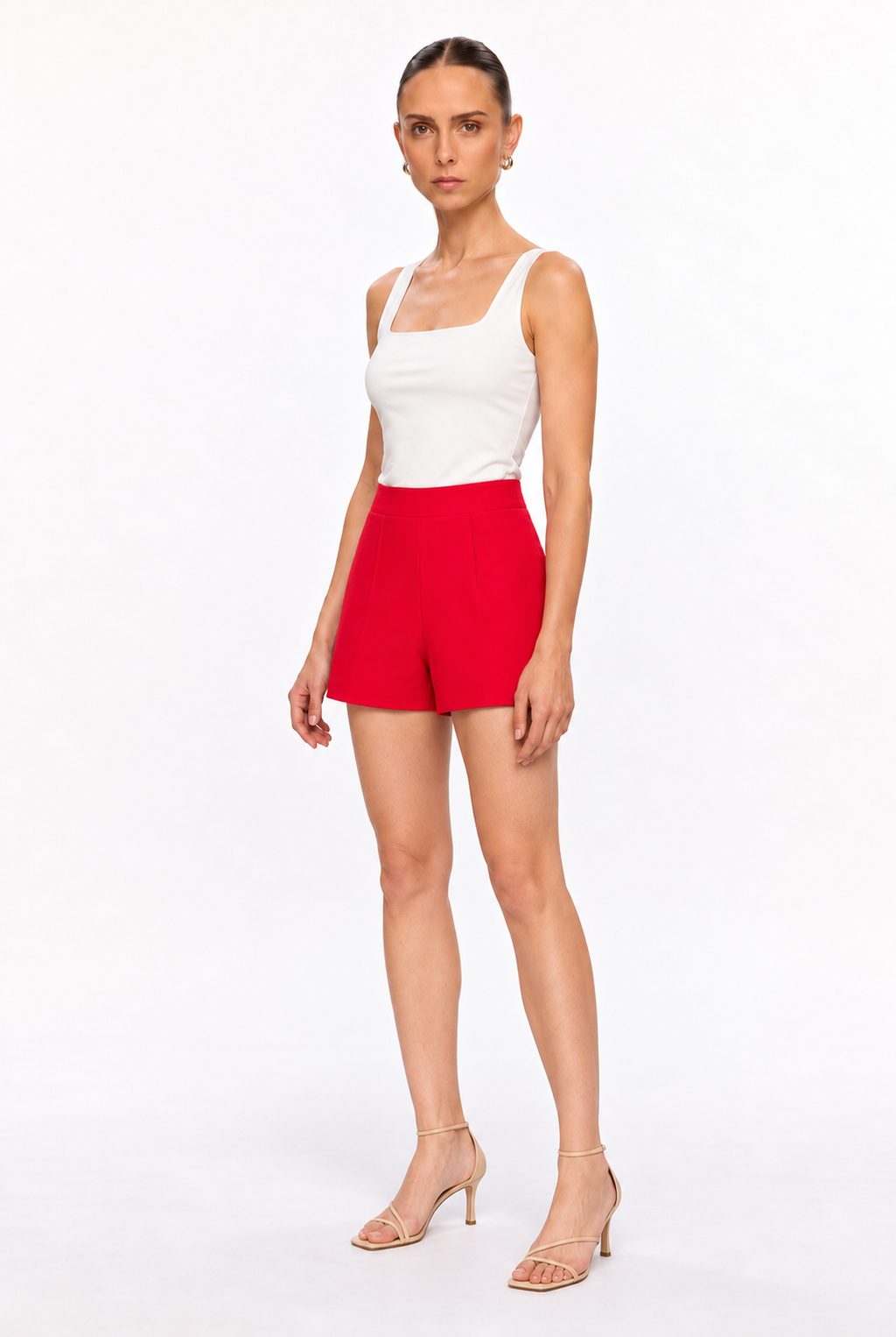 RED HIGH-WAIST PINTUCK SHORTS - three-quarter view