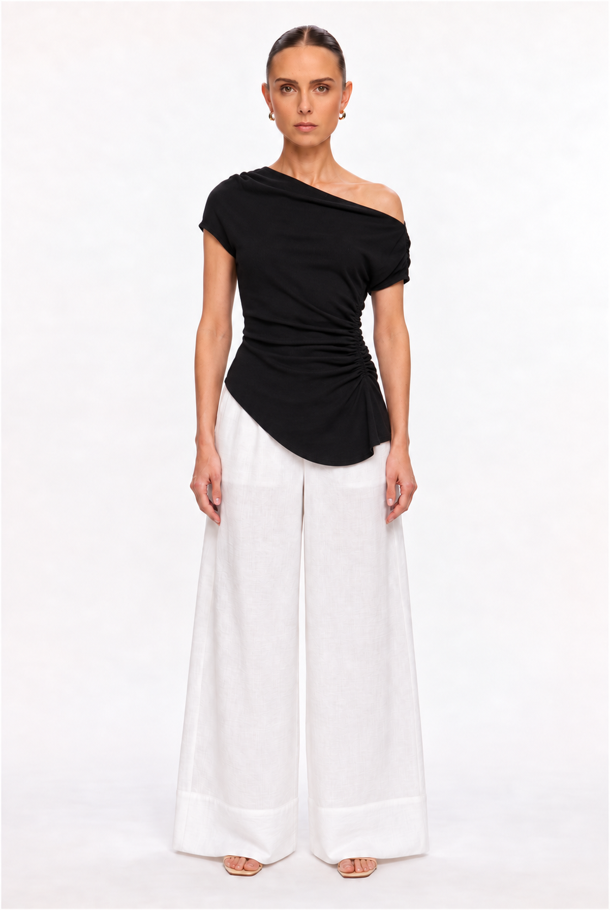 BLACK ASYMMETRIC RUCHED RIB TOP - front view