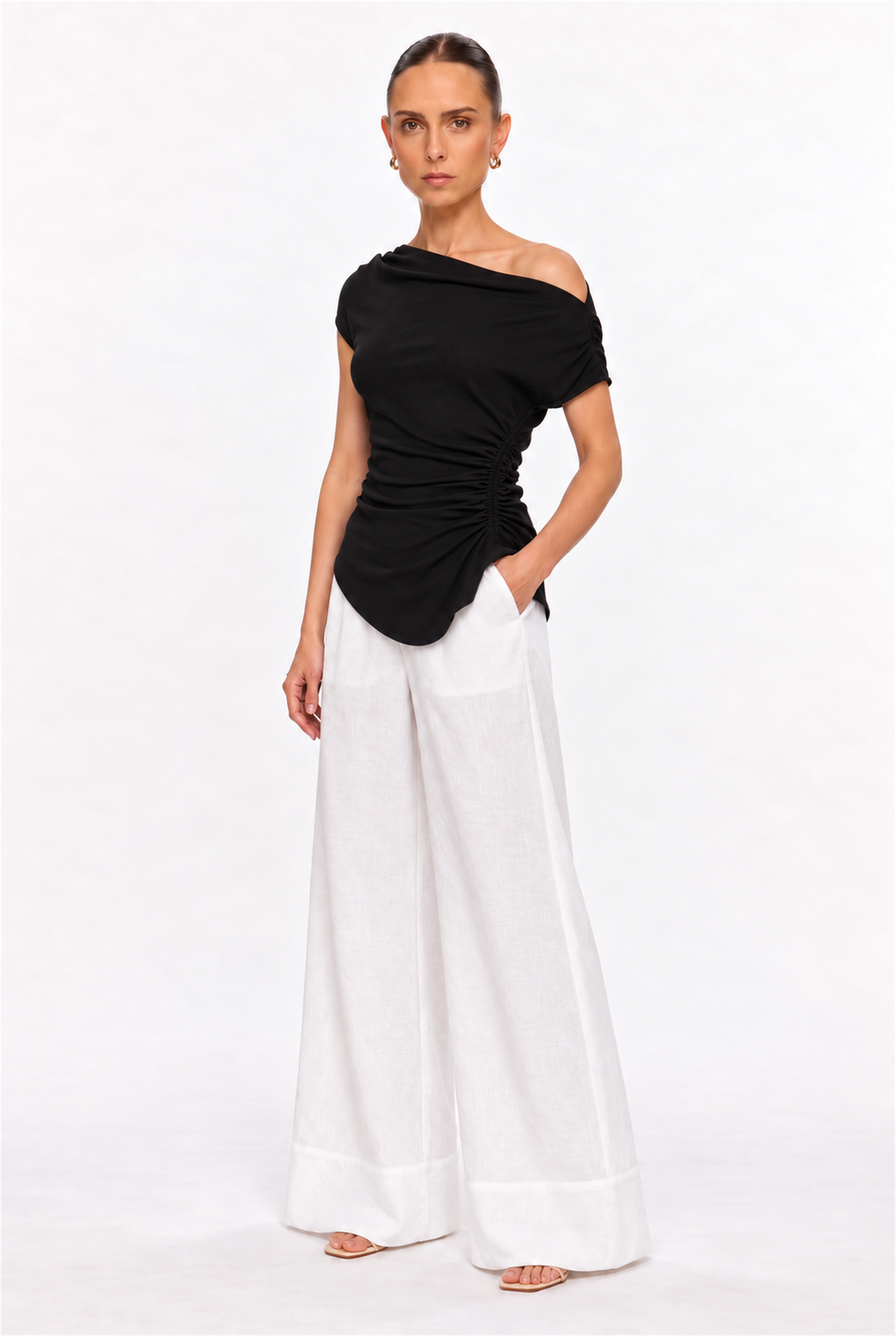 BLACK ASYMMETRIC RUCHED RIB TOP - three-quarter view