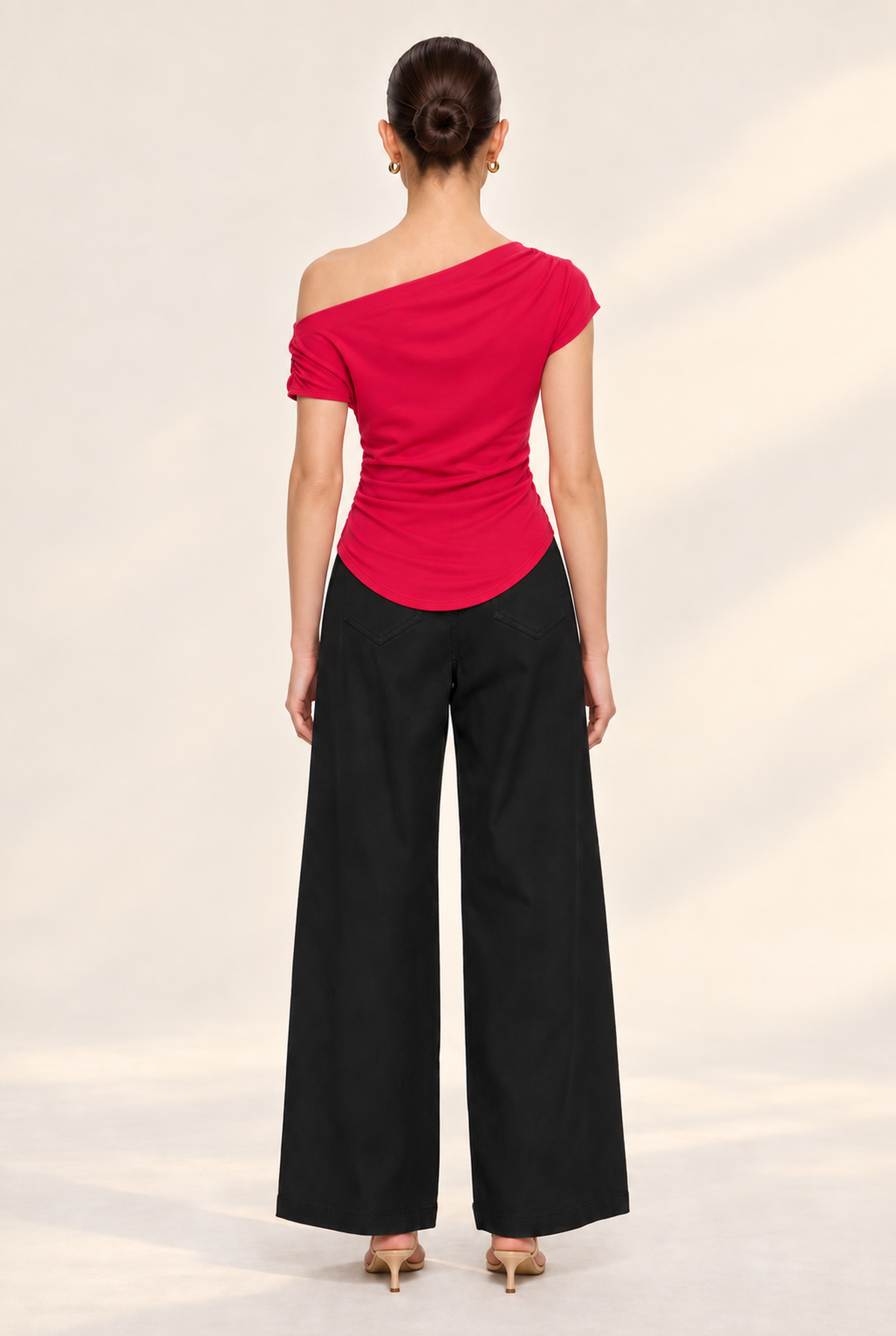 RED ASYMMETRIC RUCHED RIB TOP - back view