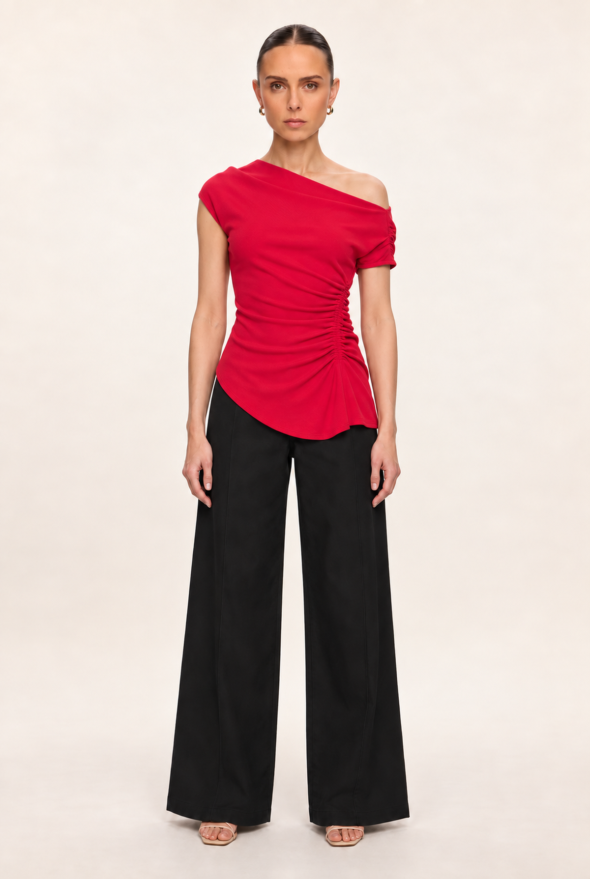 RED ASYMMETRIC RUCHED RIB TOP - front view