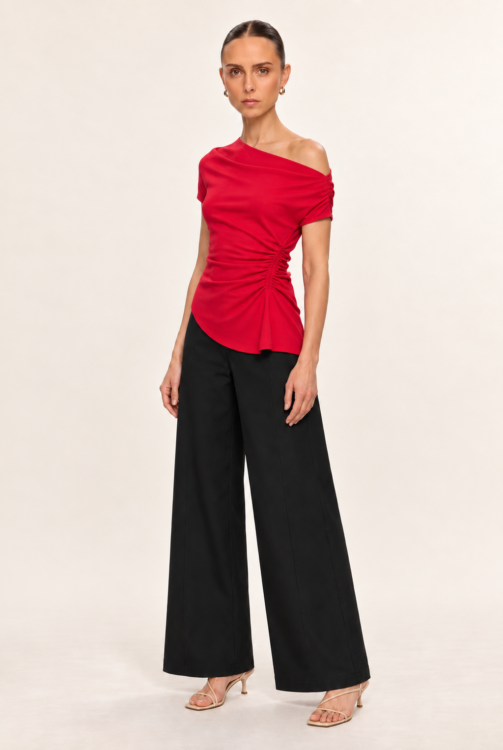 RED ASYMMETRIC RUCHED RIB TOP - three-quarter view