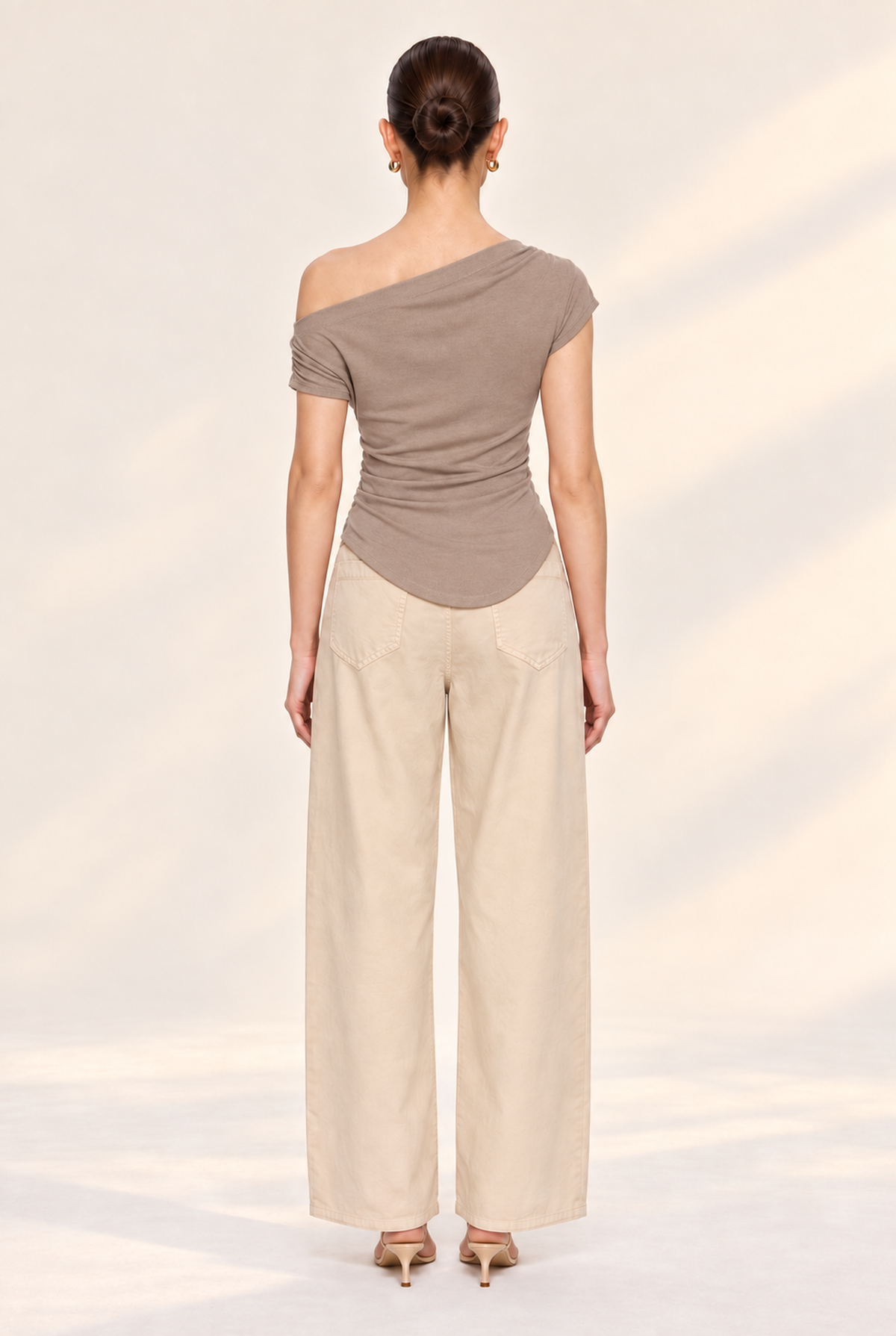 TAUPE ASYMMETRIC RUCHED RIB TOP - back view
