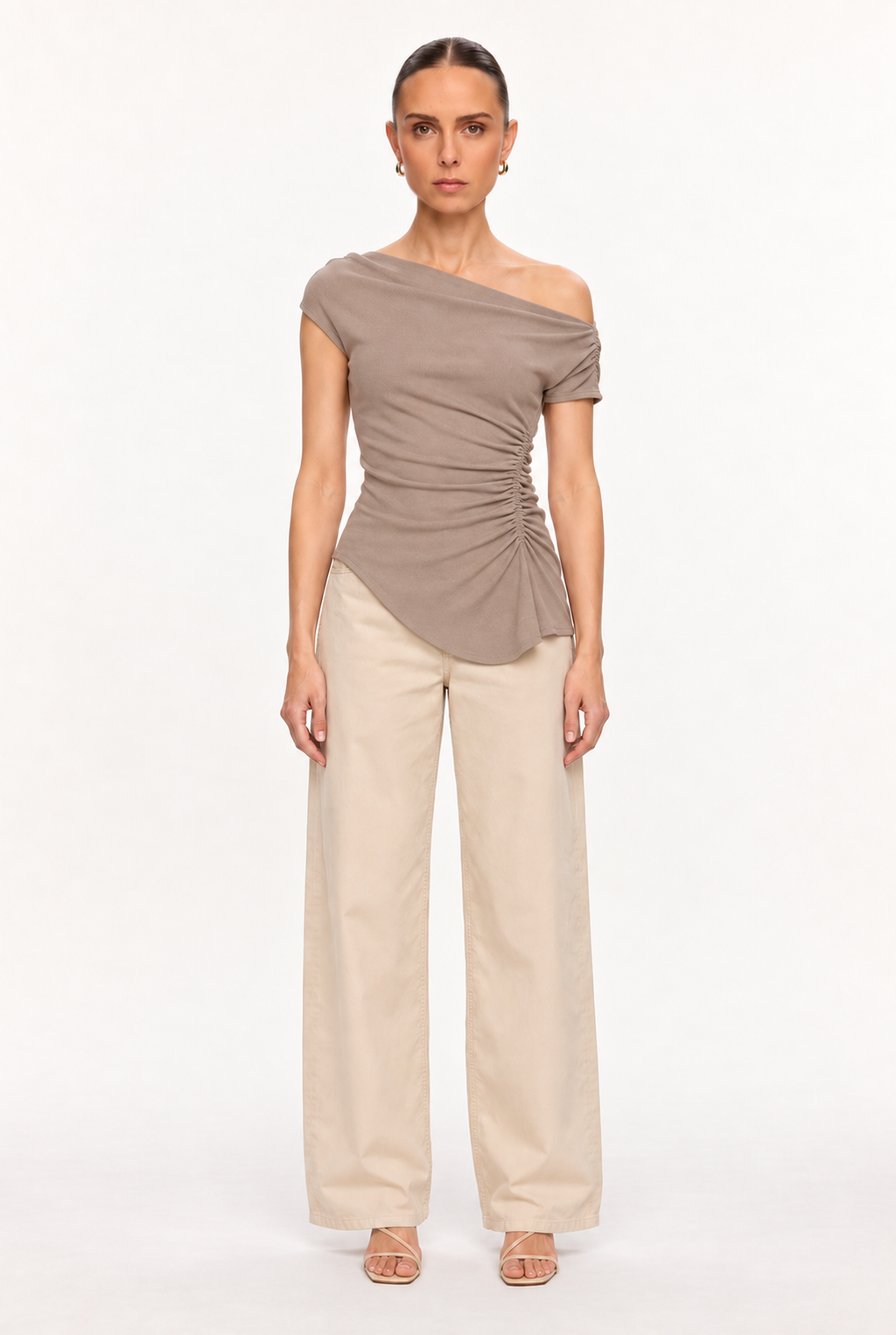 TAUPE ASYMMETRIC RUCHED RIB TOP - front view