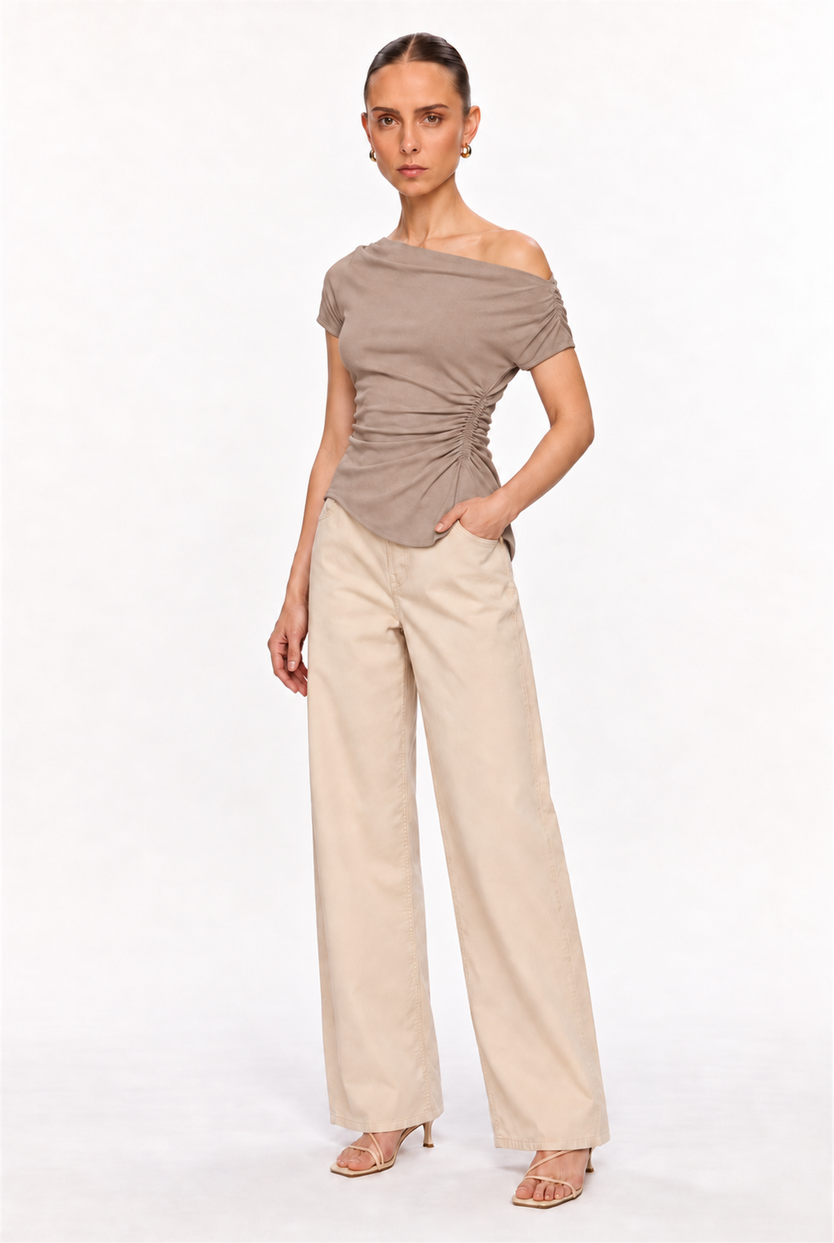 TAUPE ASYMMETRIC RUCHED RIB TOP - three-quarter view