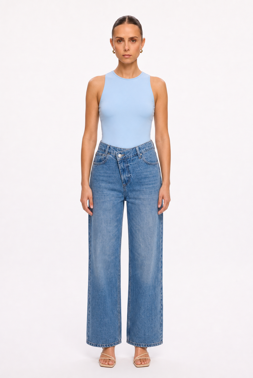 SKY BLUE SLEEVELESS CREW NECK BODYSUIT - Front view