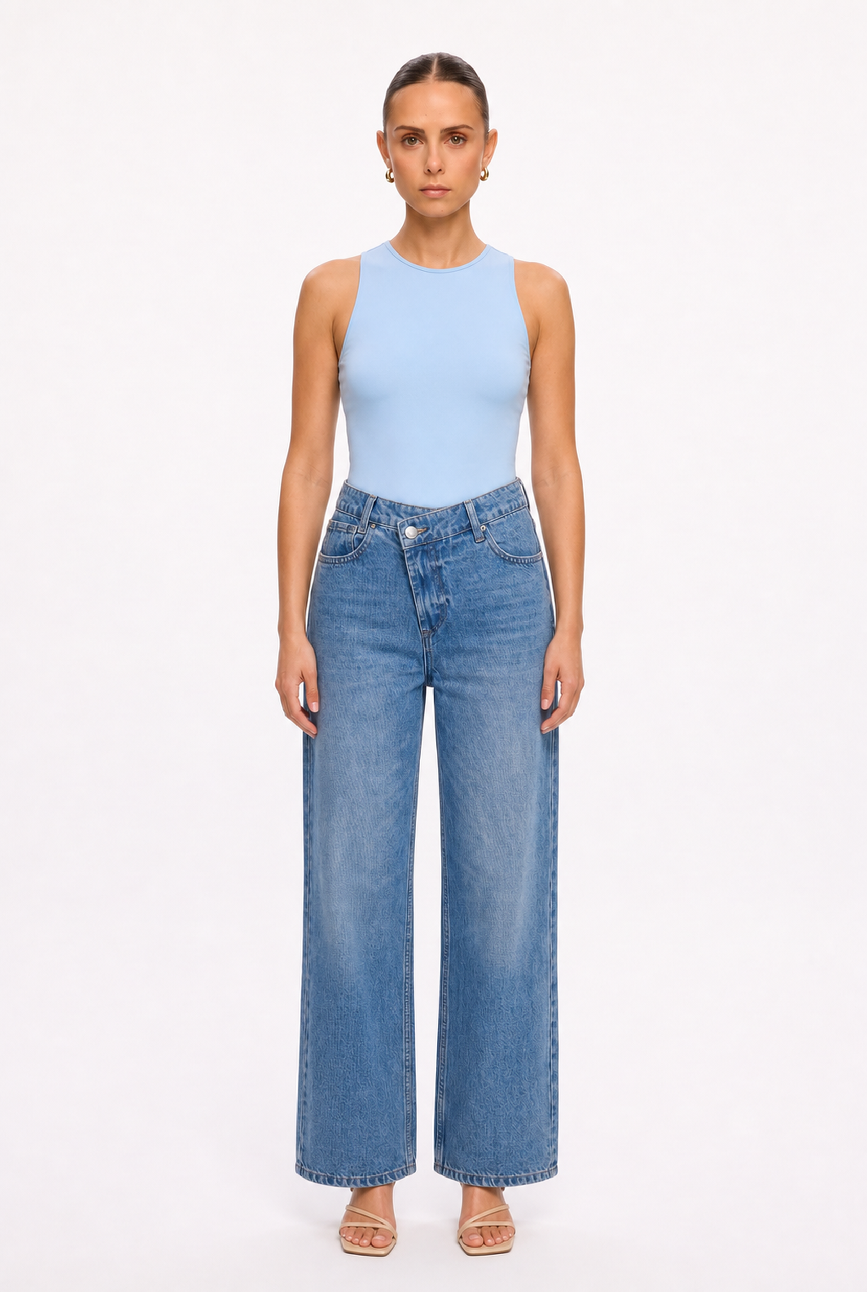 SKY BLUE SLEEVELESS CREW NECK BODYSUIT - Front view