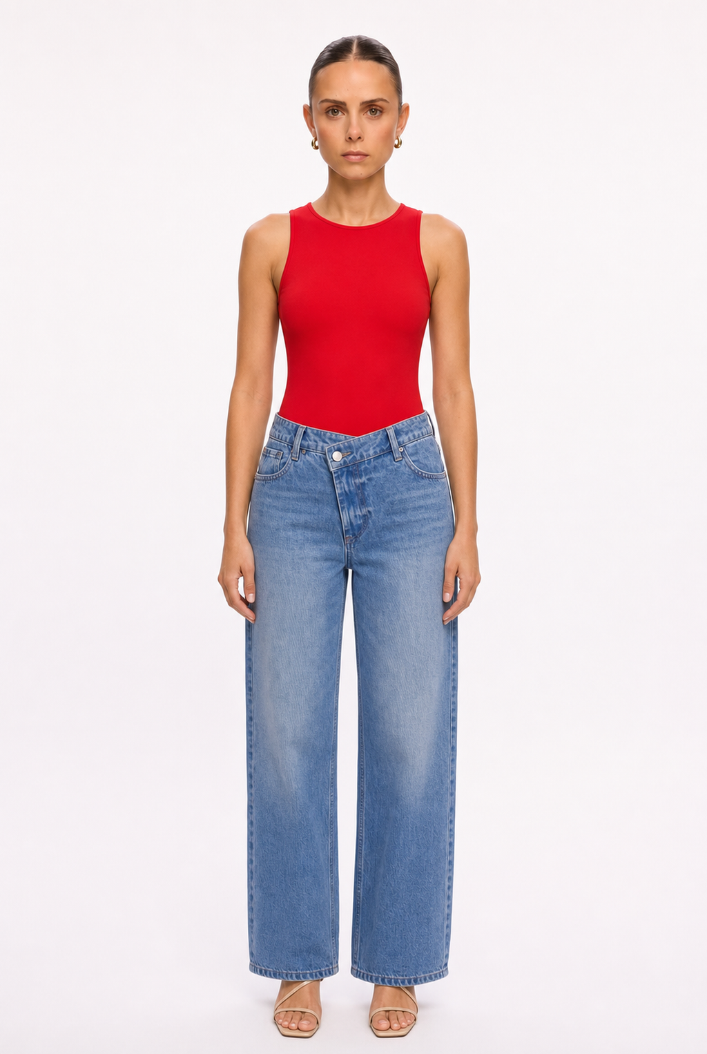 RED SLEEVELESS CREW NECK BODYSUIT - Front view