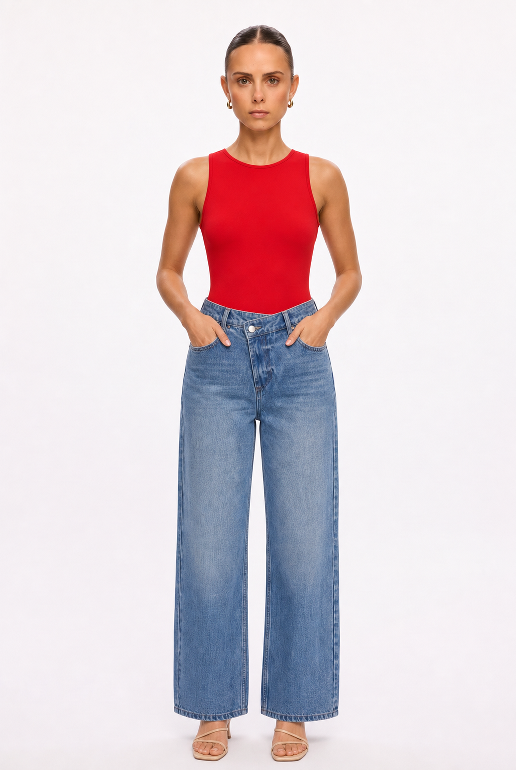 RED SLEEVELESS CREW NECK BODYSUIT - Alternate view