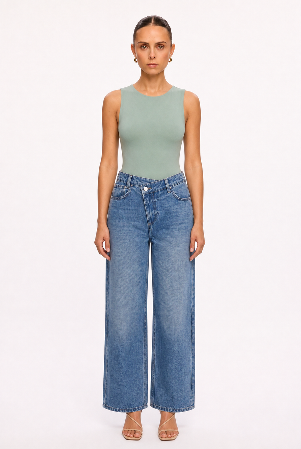 SAGE GREEN SLEEVELESS CREW NECK BODYSUIT - Front view