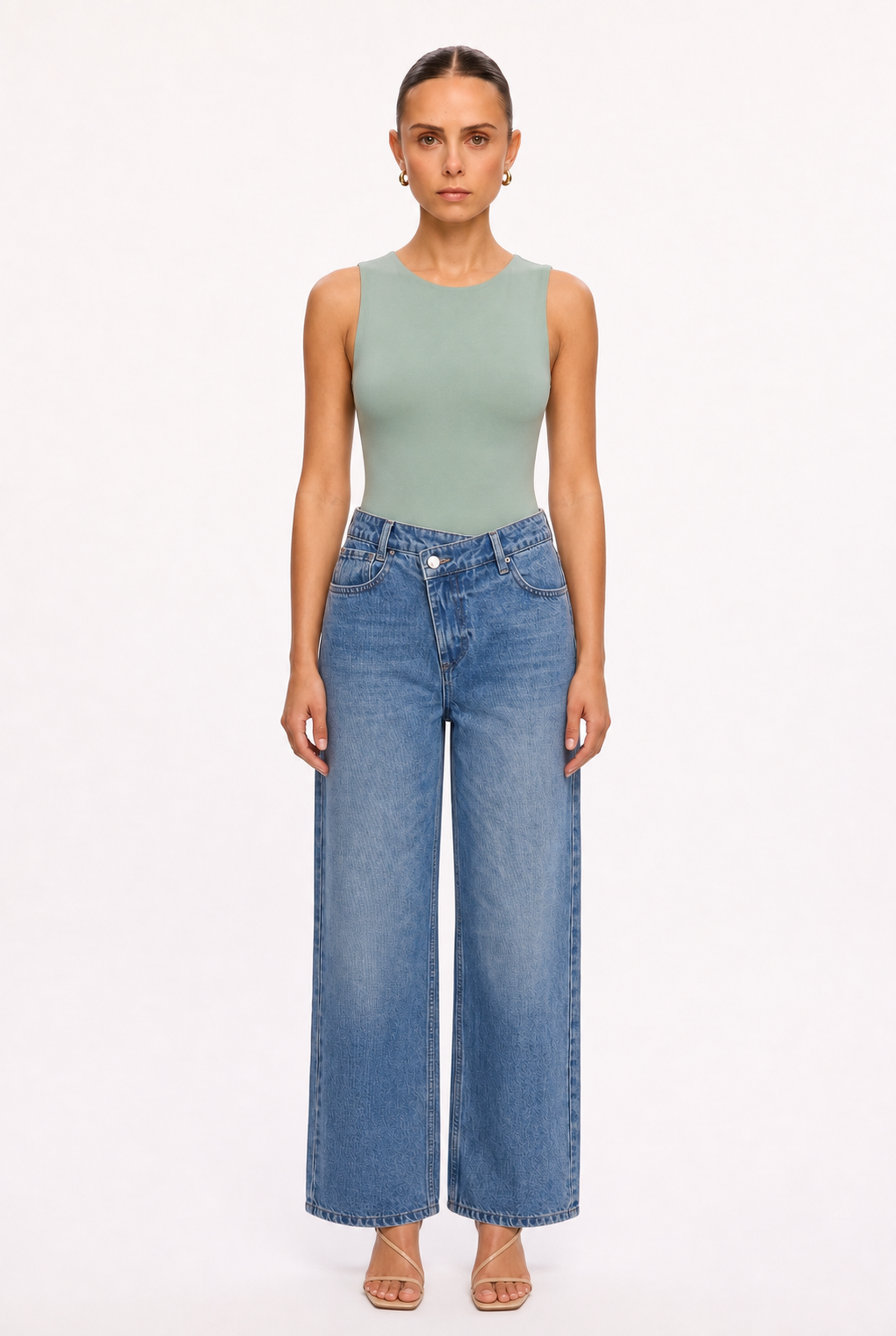SAGE GREEN SLEEVELESS CREW NECK BODYSUIT - Front view