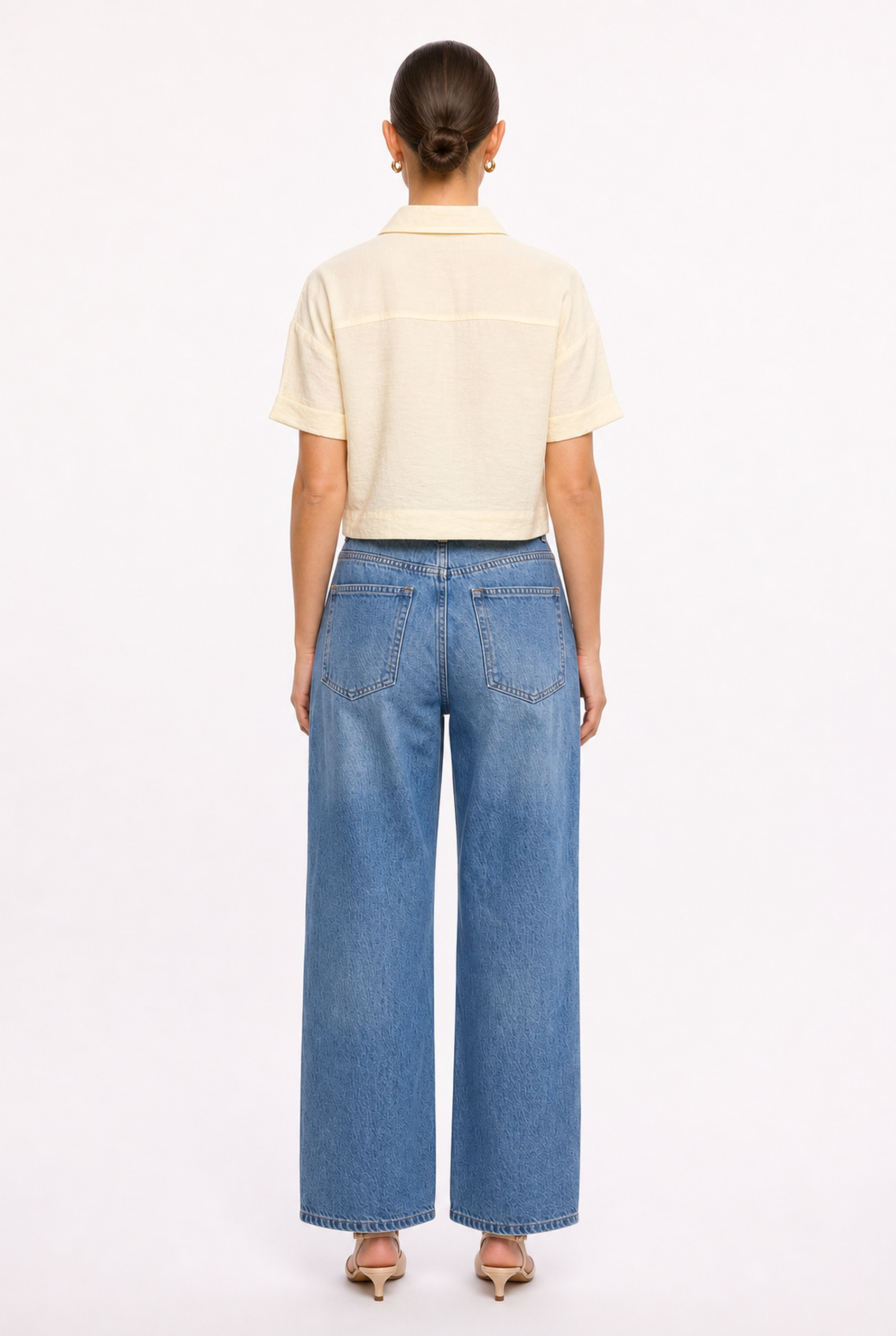 IVORY BUTTON-FRONT CROPPED SHORT SLEEVE BLOUSE - Alternate view