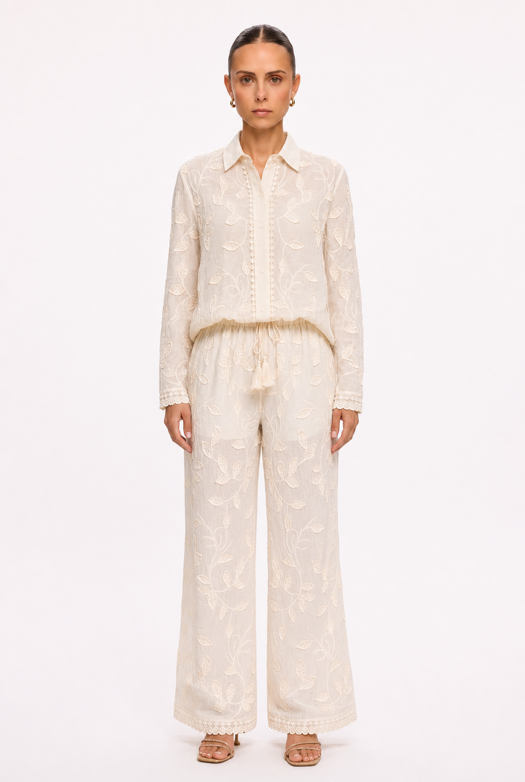 IVORY EMBROIDERED SHIRT AND PANTS SET - Front view
