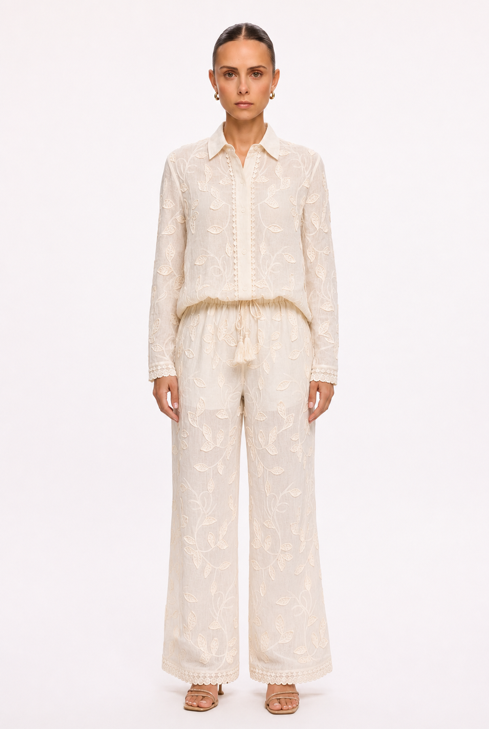 IVORY EMBROIDERED SHIRT AND PANTS SET - Front view