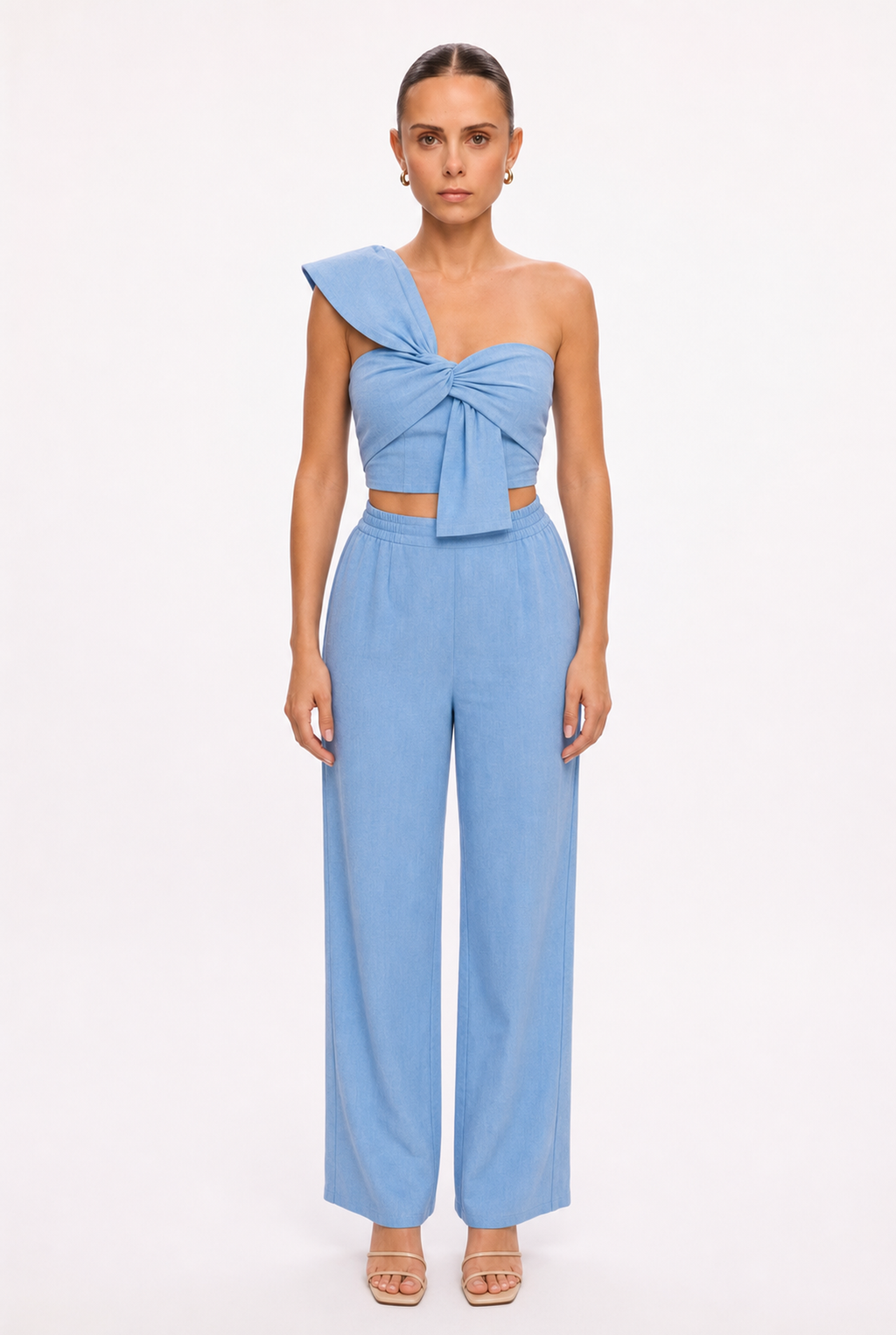 SKY BLUE KNOTTED ASYMMETRIC TOP AND PANTS SET - Front view